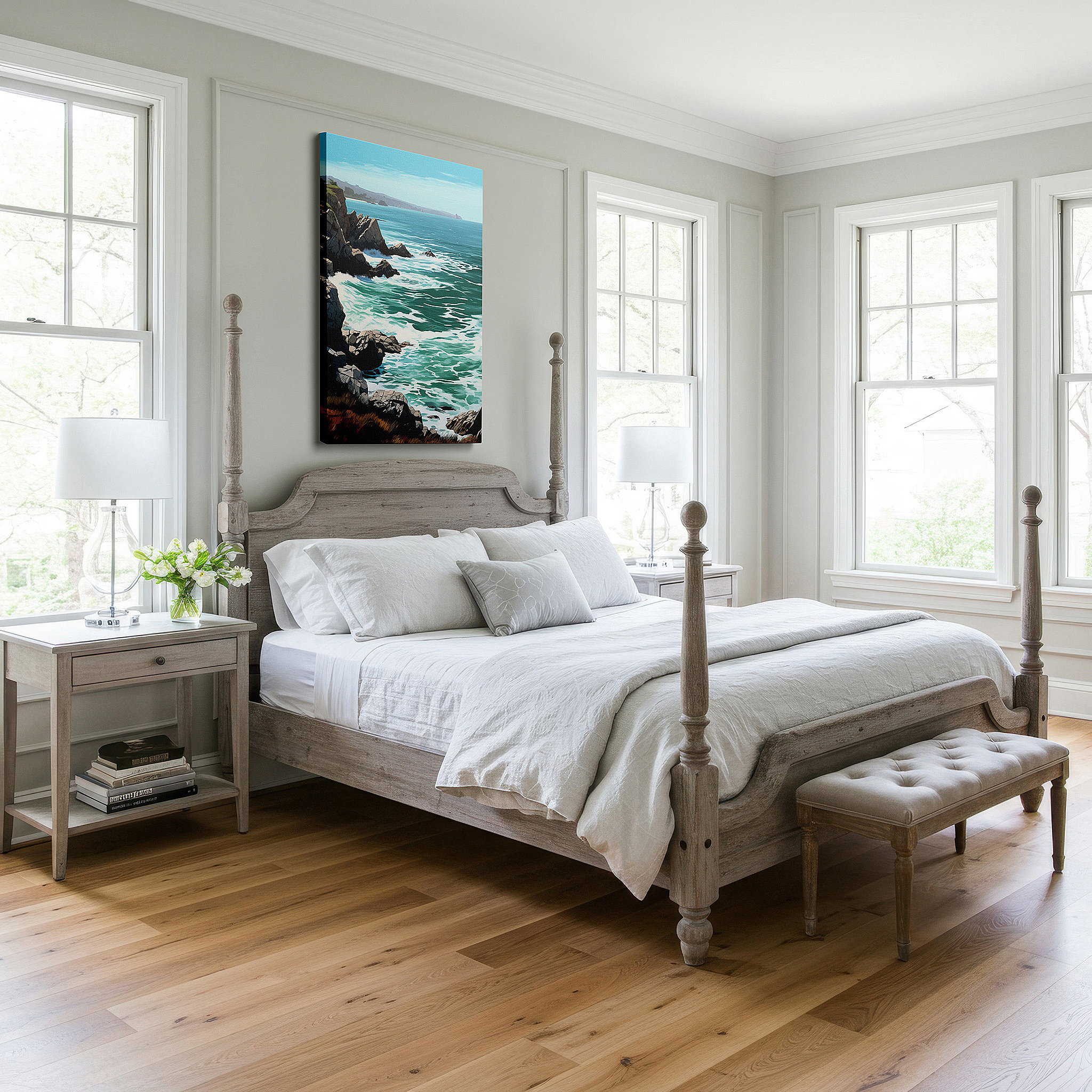 Balanced between two tall indoor plants near a window — vivid ocean waves crashing on rugged rocks large canvas wall art for office and bedroom decor