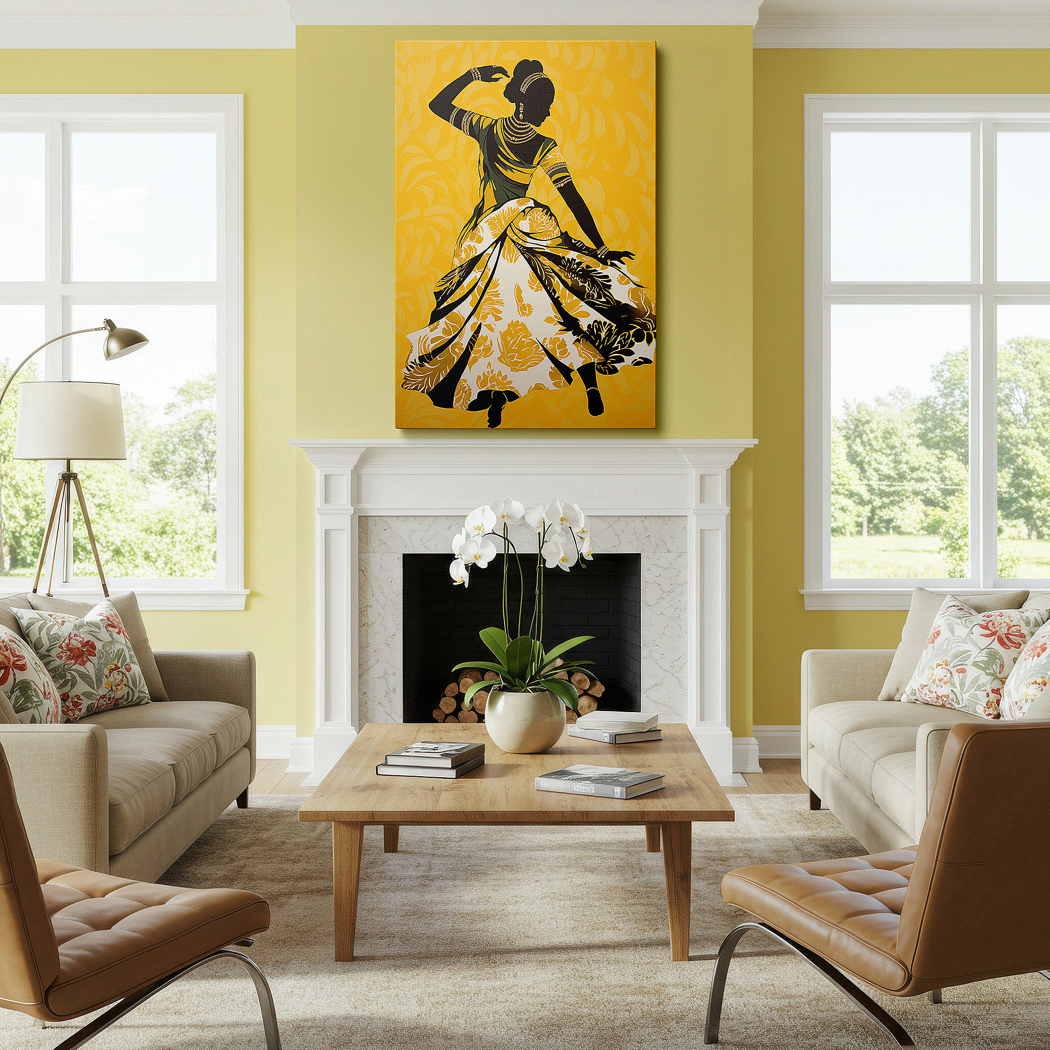 Balanced between two tall indoor plants near a window — wall art: elegant dancer in a flowered dress on a bright yellow background, representing femininity and freedom - large canvas wall art for home and office decor