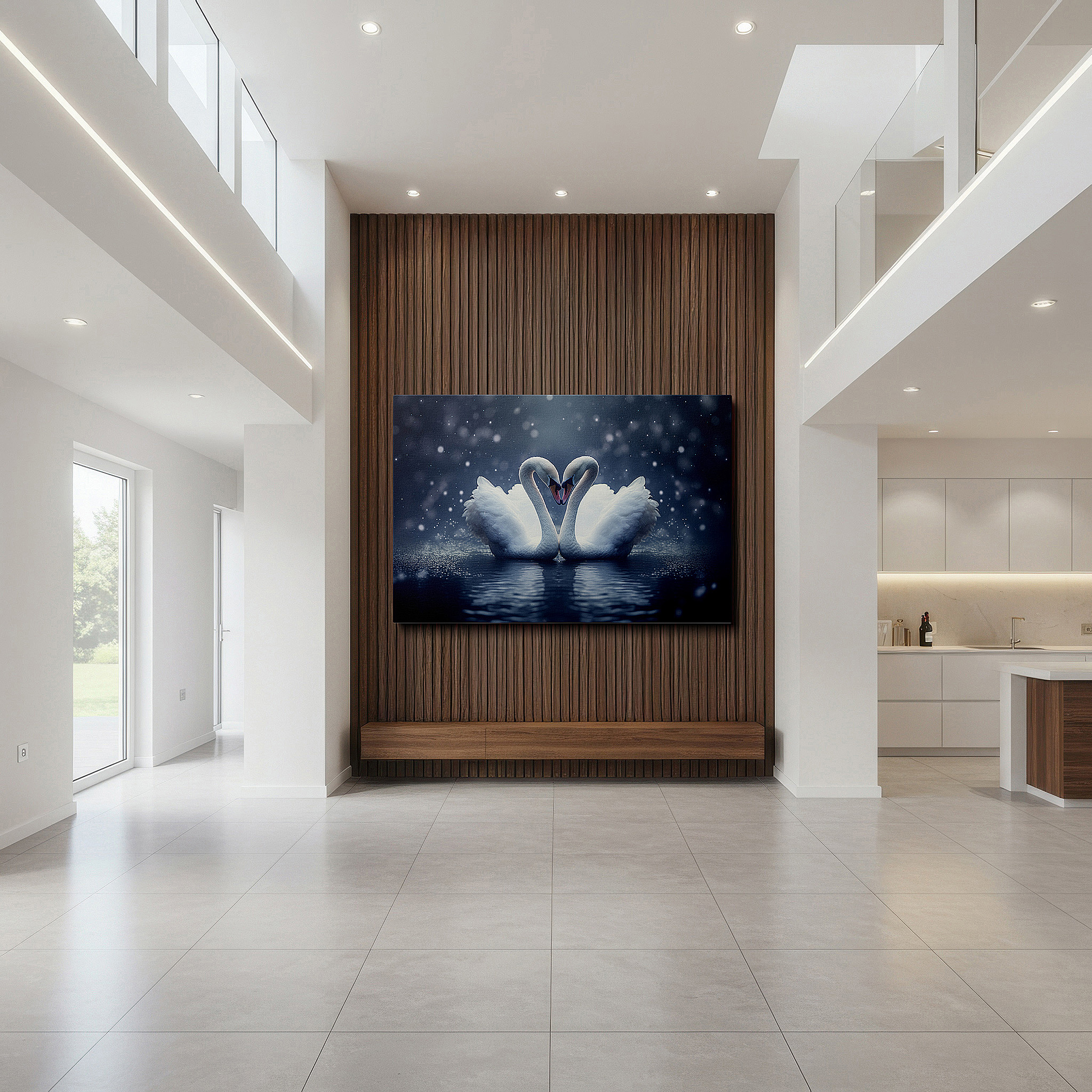 Balanced between two tall indoor plants near a window — wall art: elegant swans creating a heart on peaceful waters - emblem of love and unity. ideal for home and office decor, including large canvas options for bedrooms.