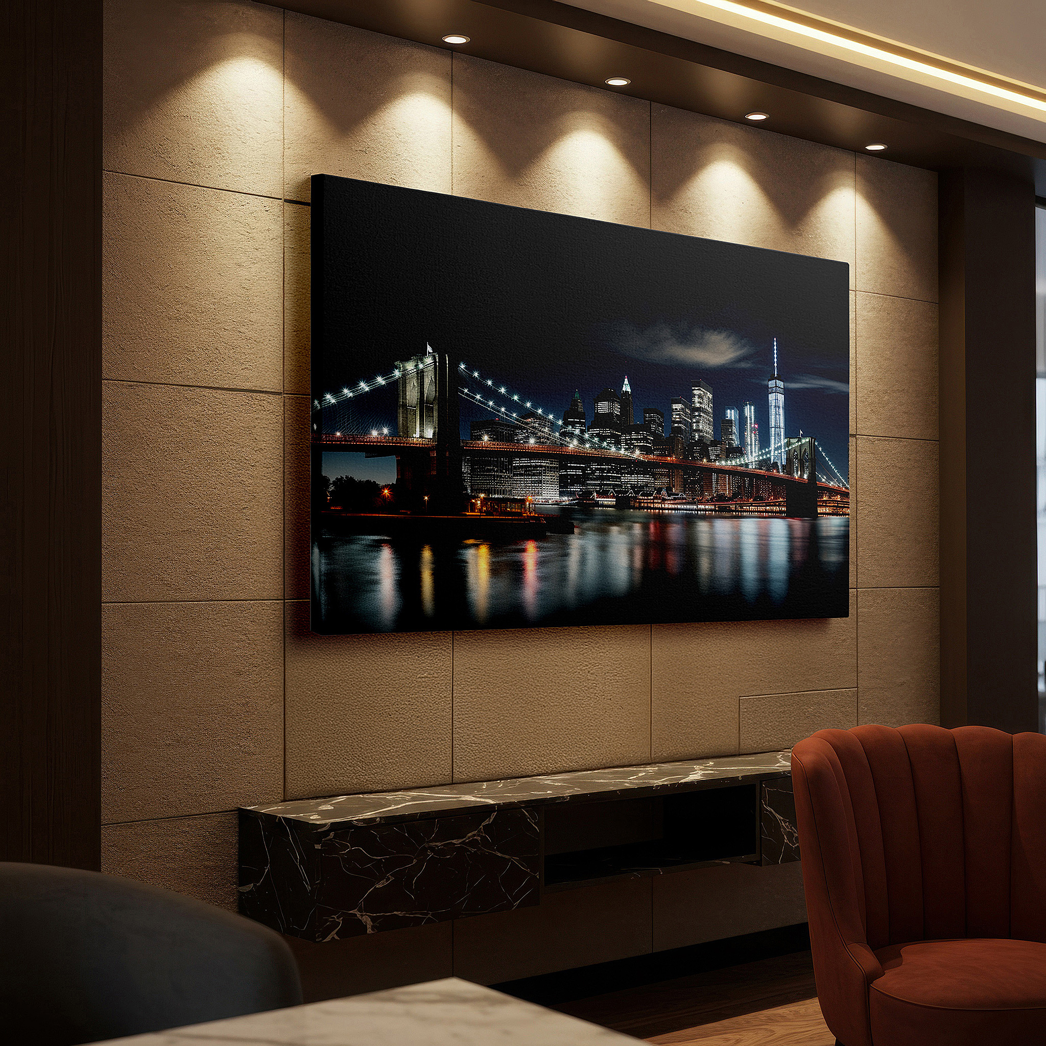 Balanced between two tall indoor plants near a window — wall art: enchanting nighttime view of brooklyn bridge and new york city skyline - urban tapestry, large canvas wall art for home and office decor