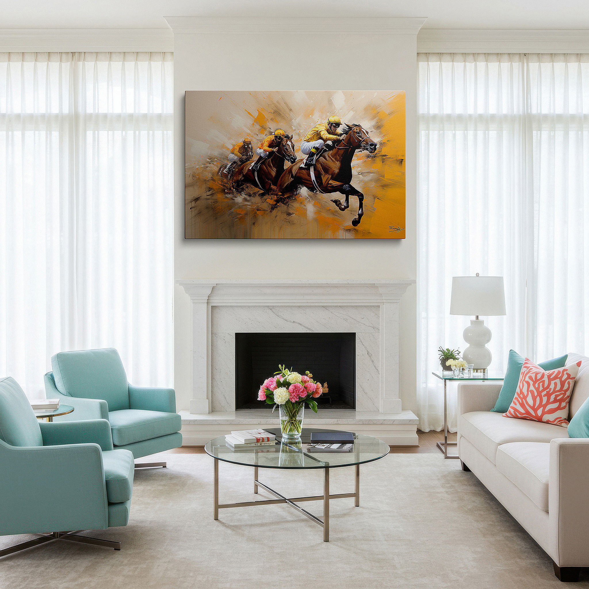 Balanced between two tall indoor plants near a window — wall art: experience the excitement of race day with dynamic horse and jockey imagery - large canvas art for home and office decor, perfect for living room and bedroom