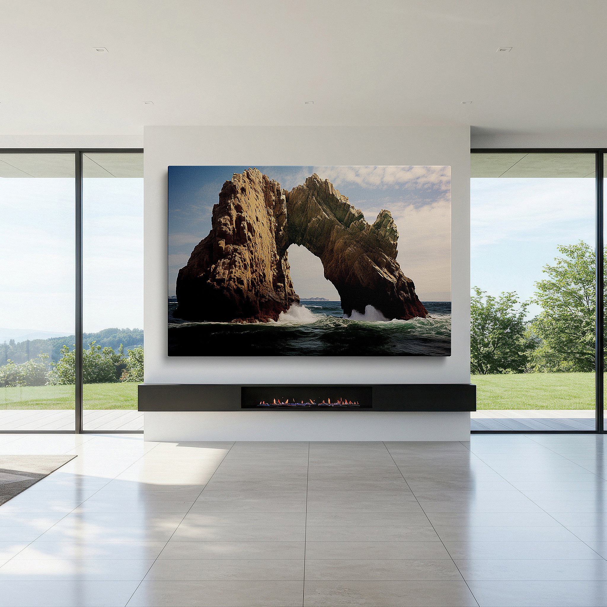 Balanced between two tall indoor plants near a window — wall art: majestic arch and crashing waves - a symphony of light and nature's power. large canvas wall art for home and office decor.
