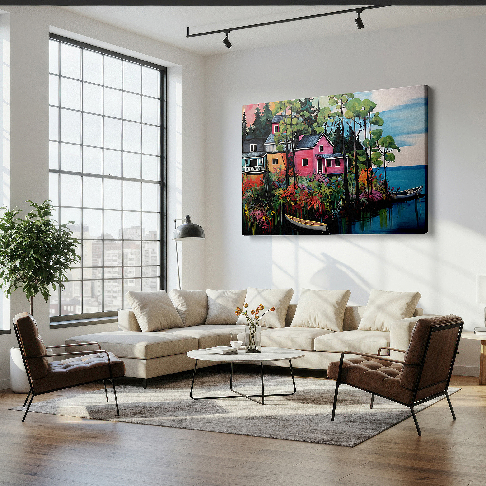 Balanced between two tall indoor plants near a window — wall art: serene lakeside getaway featuring bright houses and lively flower scenery - large canvas wall art for home and office decor, perfect for living room and bedroom