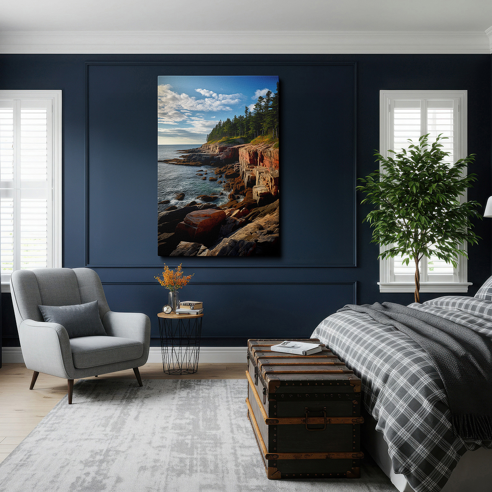 Balanced between two tall indoor plants near a window — wall art: stunning interplay of earth and water, coastal rocks with lush forests large canvas art, home and office decor, bedroom wall art