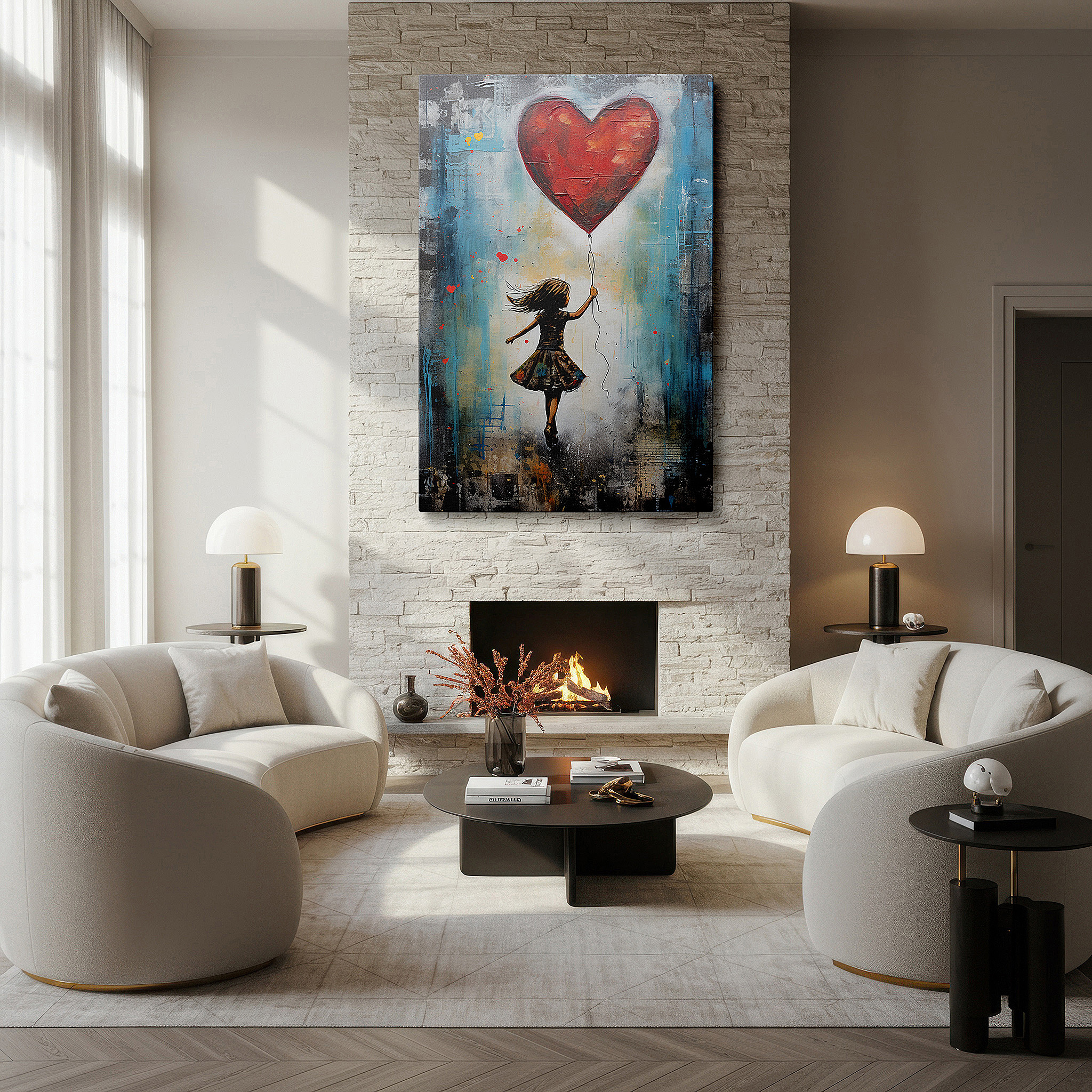 Balanced between two tall indoor plants near a window — wall art: vibrant scene of a young girl running with a heart-shaped balloon - large canvas art for home and office decor, perfect for living room and bedroom