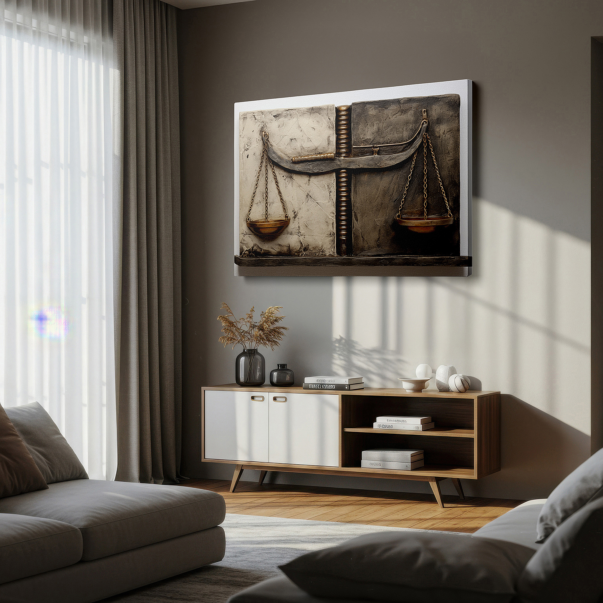 Balanced between two tall indoor plants near a window — wall decor: abstract scales of justice in neutral shades, symbolizing balance and fairness - large canvas art for office walls