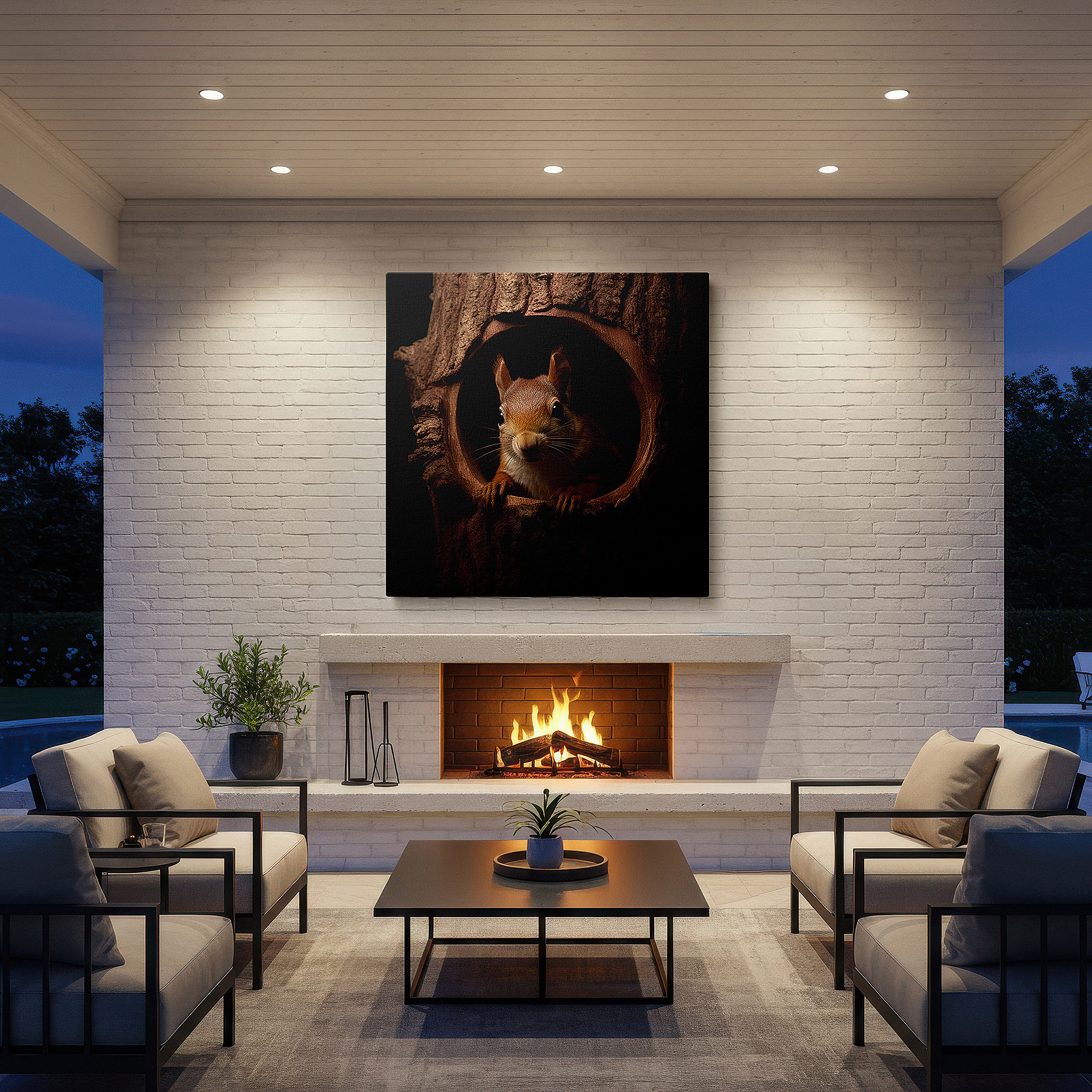 Balanced between two tall indoor plants near a window — wall decor: charming squirrel emerging from tree hollow - a striking display of wildlife playfulness and mischief, large canvas wall art for home and office decor