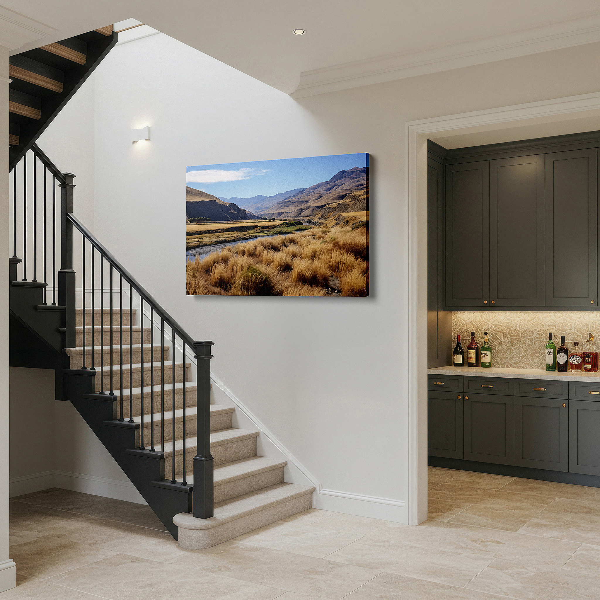 Balanced between two tall indoor plants near a window — wall decor: dry riverbed with golden grasses - a striking representation of nature's endurance and elegance. large canvas art for home and office.