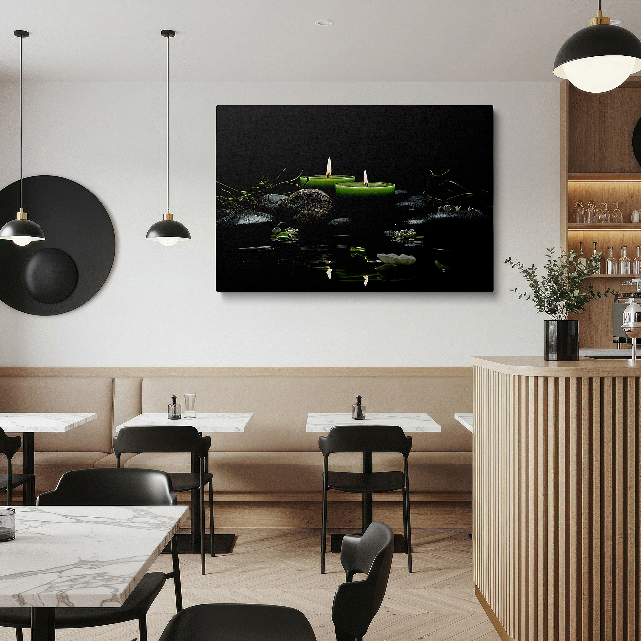 Balanced between two tall indoor plants near a window — wall decor: serene green candles and black stones with blooms reflected on water - large canvas art for office and bedroom