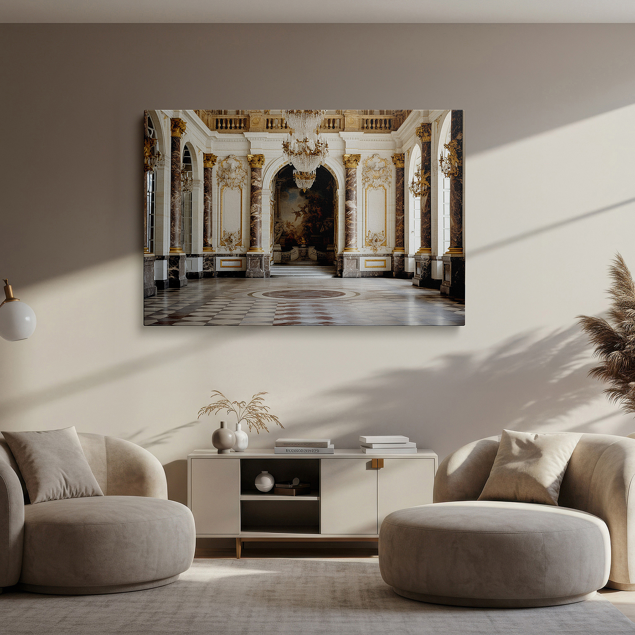 Balanced between two tall indoor plants near a window — wall decor: tranquil scenery featuring verdant foliage, gentle river, and softly rustling leaves - large canvas art for home and office spaces