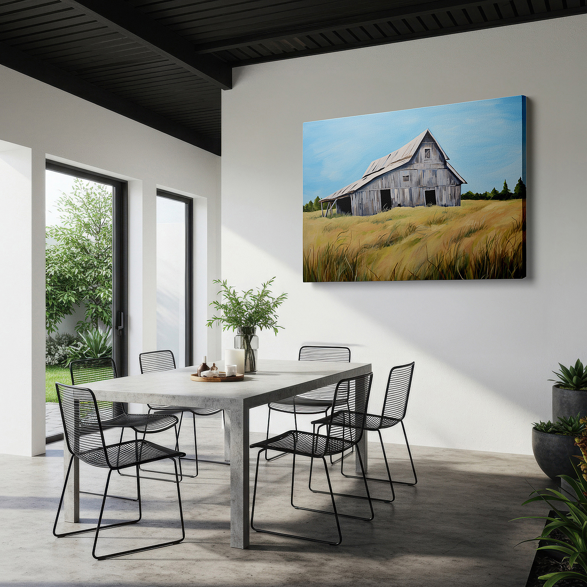 Balanced between two tall indoor plants near a window — weathered barn and golden fields large canvas wall art for home and office decor