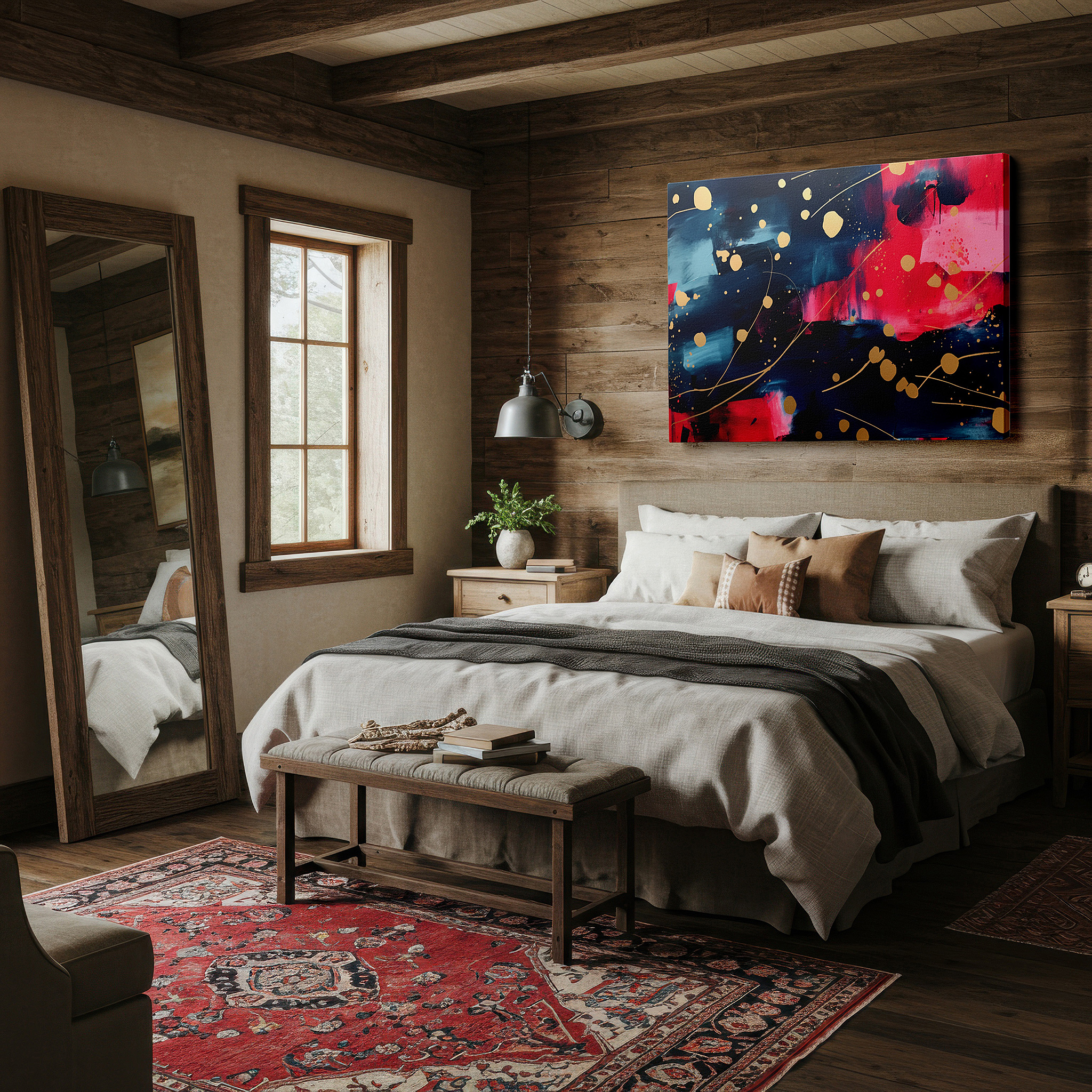 Bathed in morning sunlight streaming through sheer curtains — abstract elegance featuring deep blues, vibrant reds, and luxurious gold accents - large canvas wall art for office and bedroom decor