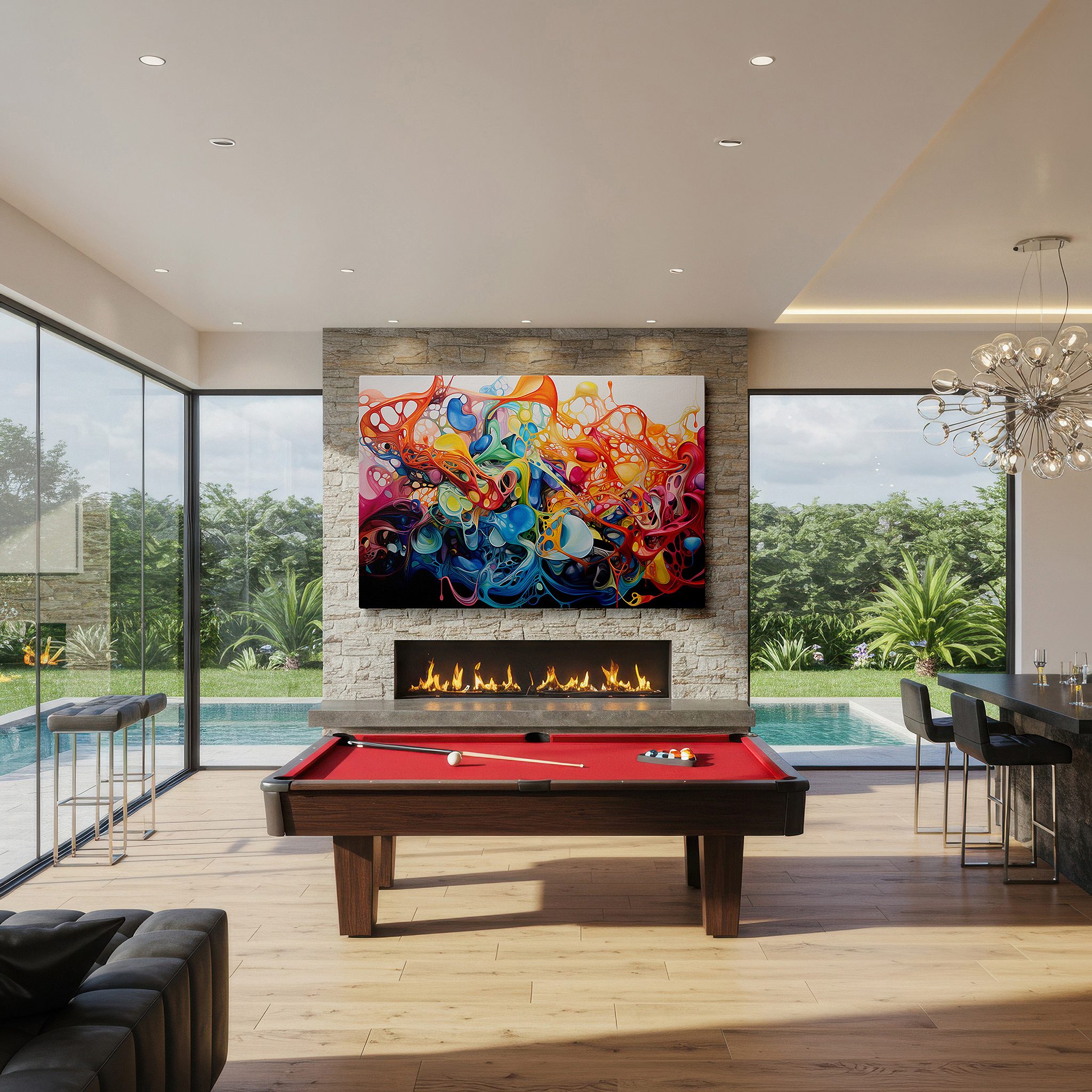Bathed in morning sunlight streaming through sheer curtains — abstract expressionist symphony of colors, large wall art depicting human emotions with electric blues, fiery reds, and radiant yellows