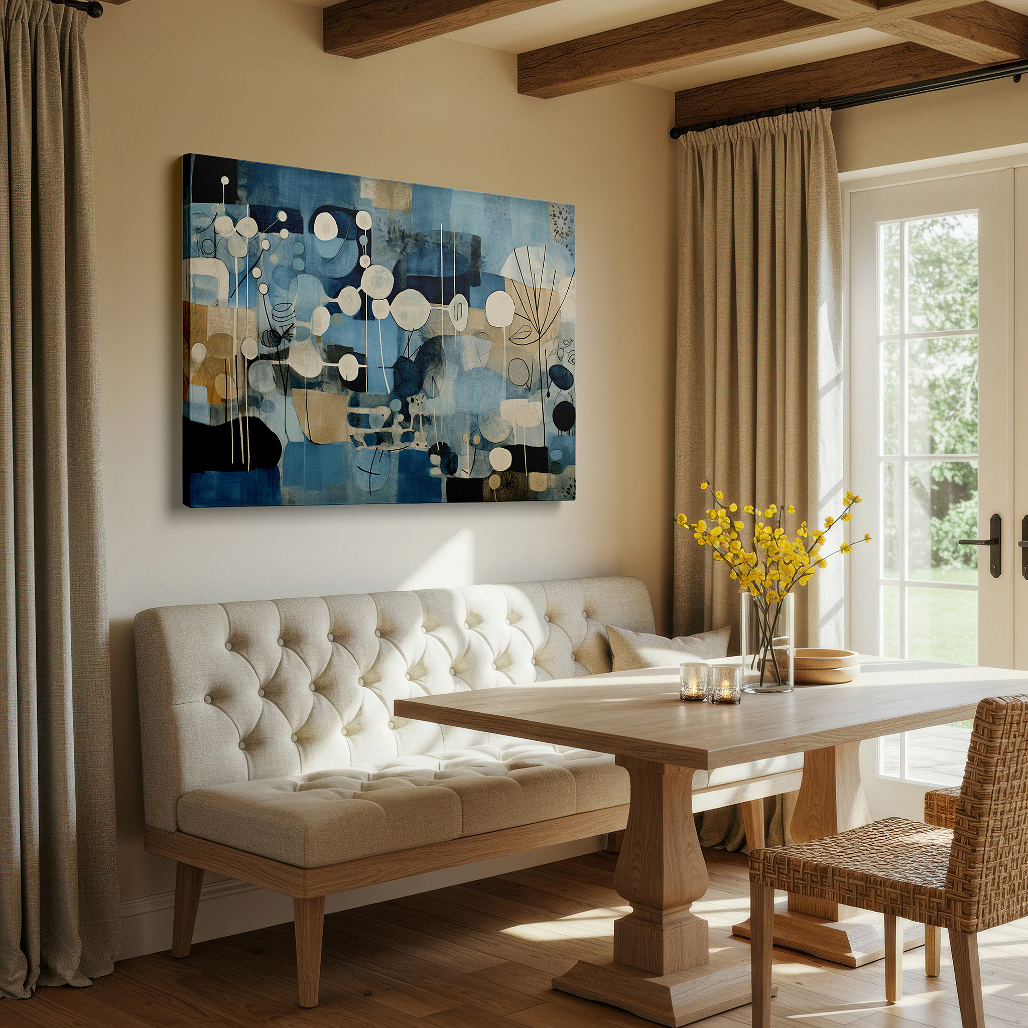 Bathed in morning sunlight streaming through sheer curtains — abstract symphony in blue: ocean and sky, large canvas wall art for home and office decor