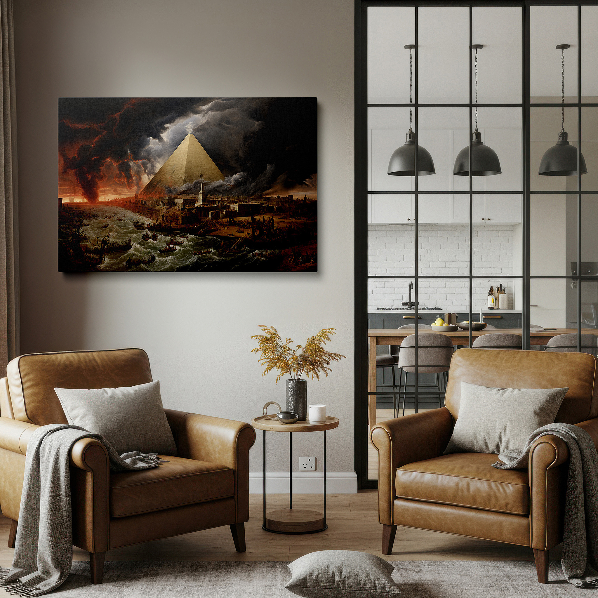 Bathed in morning sunlight streaming through sheer curtains — ancient pyramids and modern structures against a stormy sky - celebrating human endurance and creativity large wall art, canvas wall art, wall decor