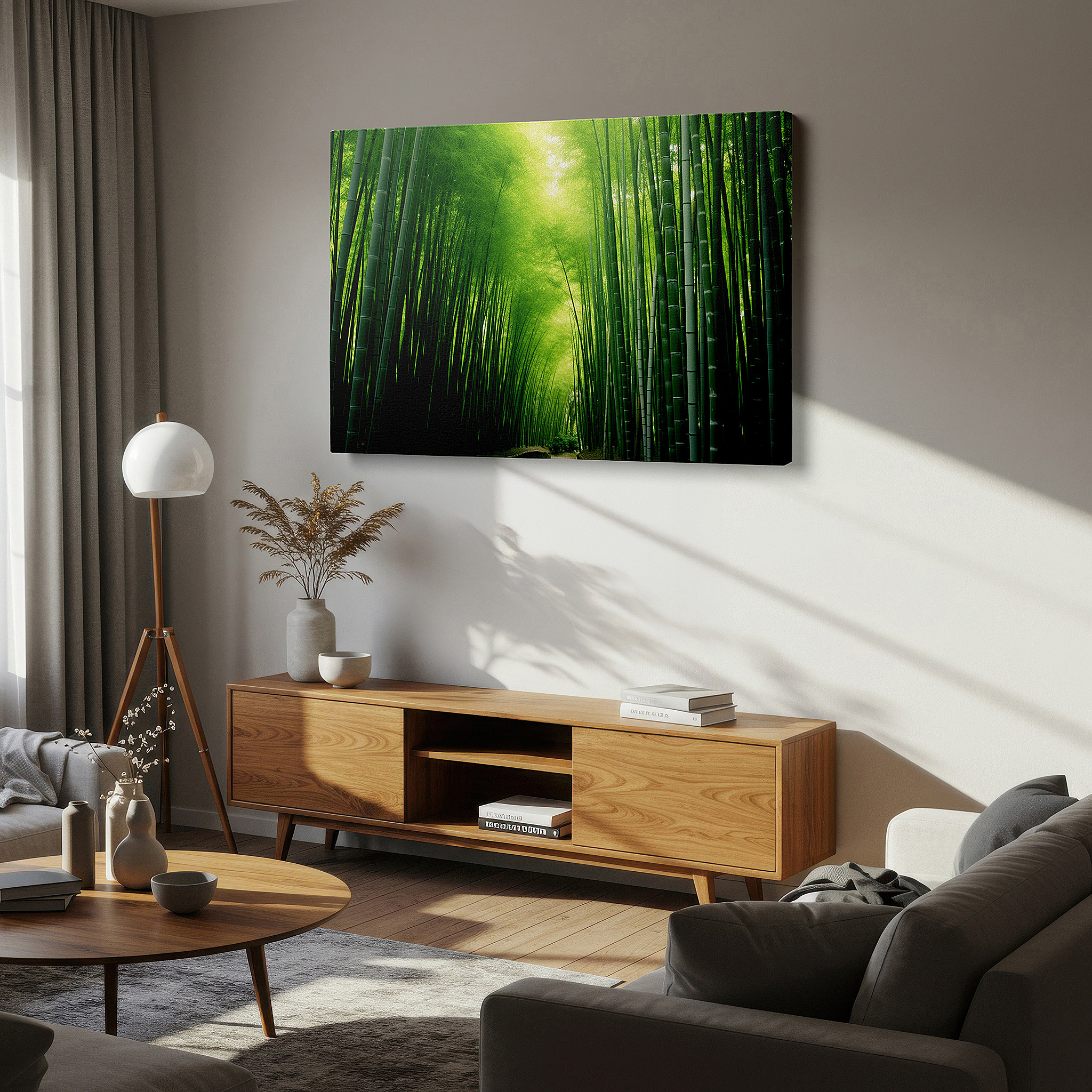 Bathed in morning sunlight streaming through sheer curtains — bamboo grove wall art: tranquil pathway design for serene reflections - large canvas art for home and office decor, ideal for living room and bedroom