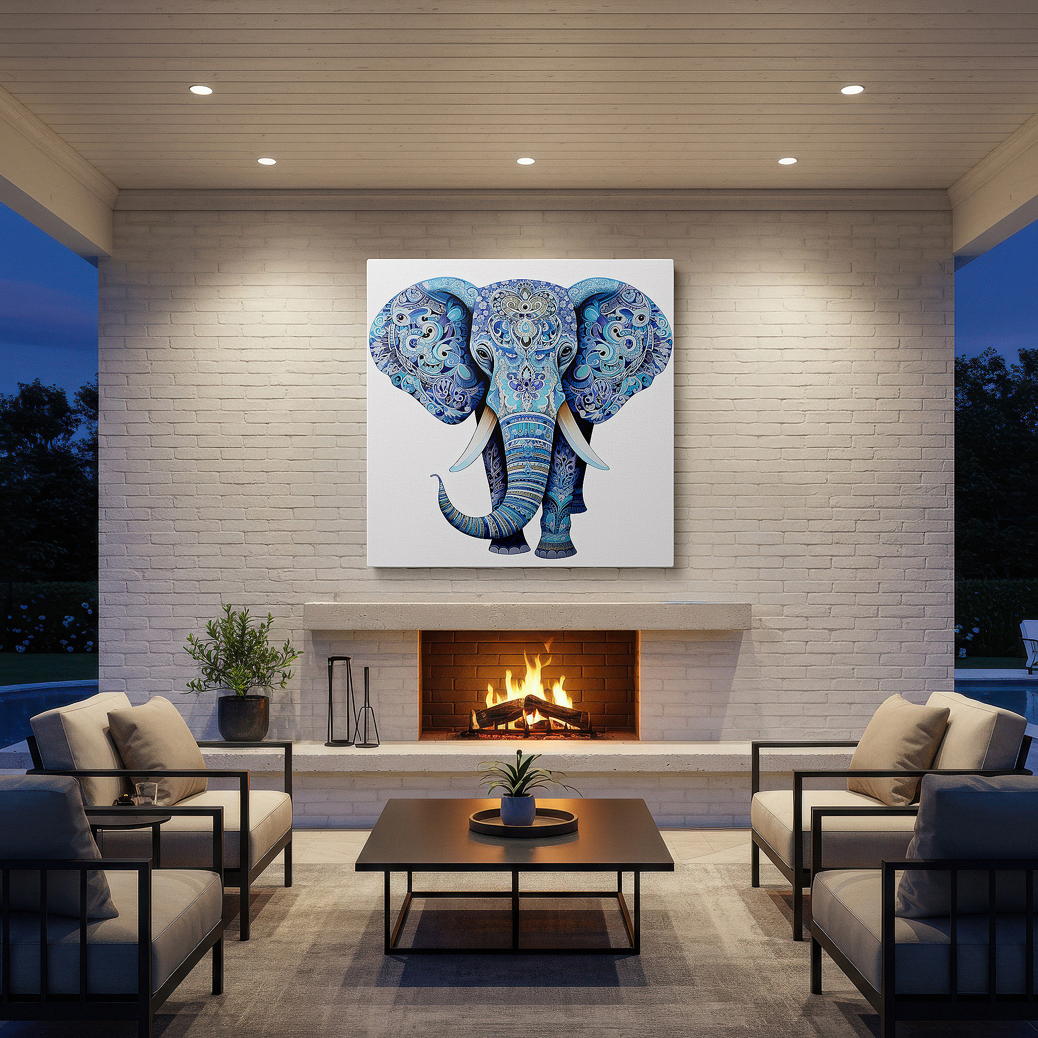 Bathed in morning sunlight streaming through sheer curtains — blue elephant wall art featuring geometric patterns: a symbol of peace and cultural richness - large canvas art for office and home decor