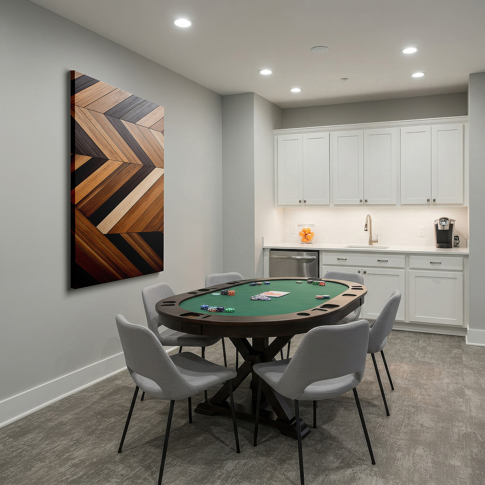 Bathed in morning sunlight streaming through sheer curtains — chevron mastery in natural wood tones: a captivating blend of rich browns and creamy beiges - large wall art, canvas wall art, wall decor for office