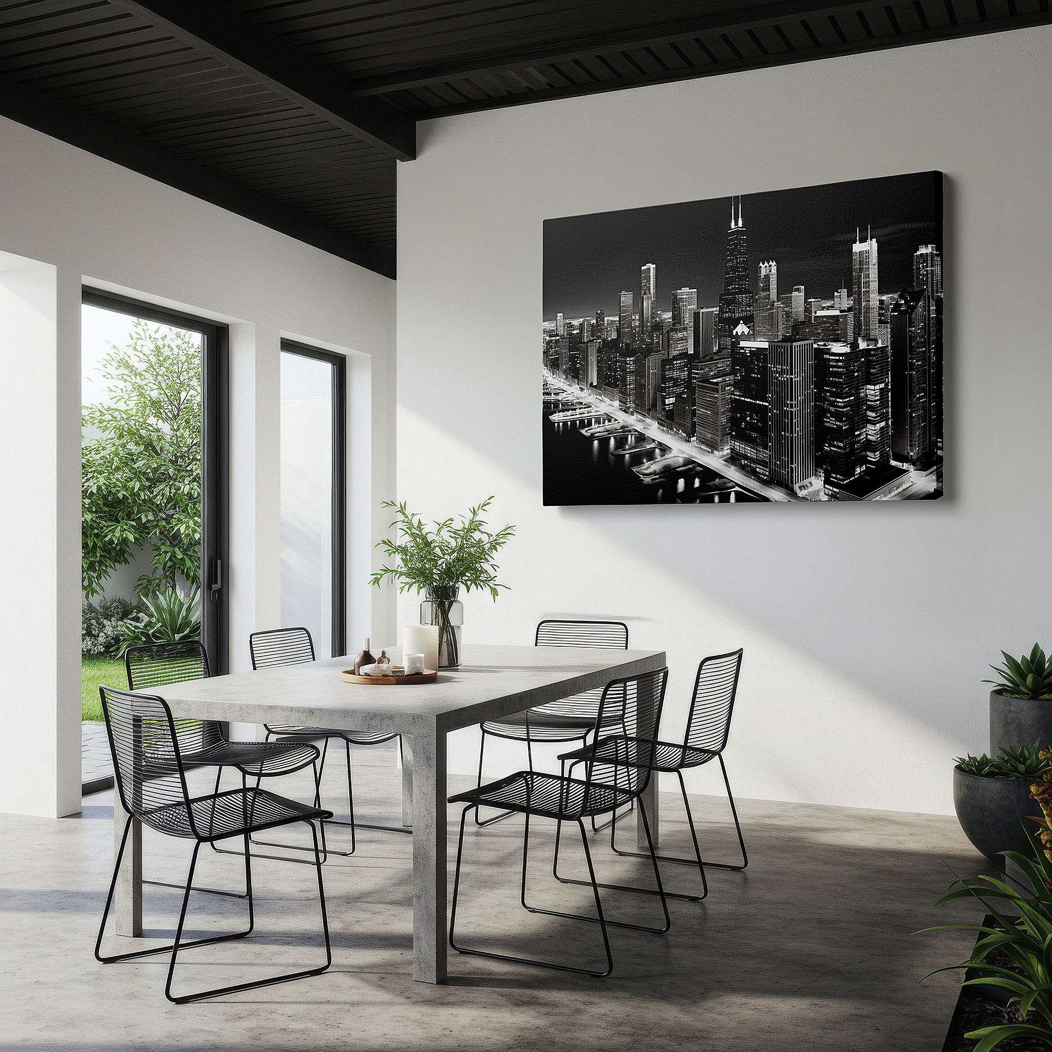 Bathed in morning sunlight streaming through sheer curtains — chicago skyline at night in black and white: majestic view with willis tower dominating the skyscrapers - large canvas wall art
