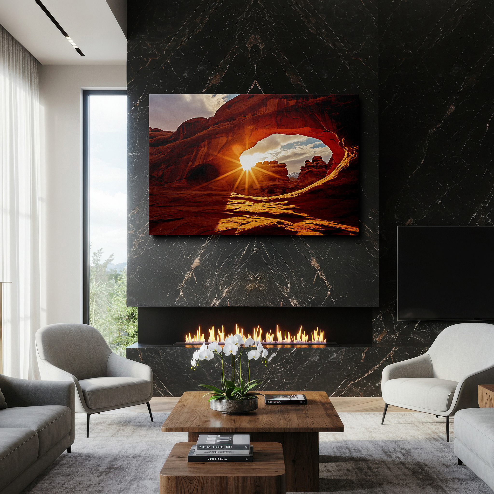 Bathed in morning sunlight streaming through sheer curtains — desert arch sunrise - tranquil dawn's golden embrace large wall art, canvas wall art, wall decor for office and bedroom