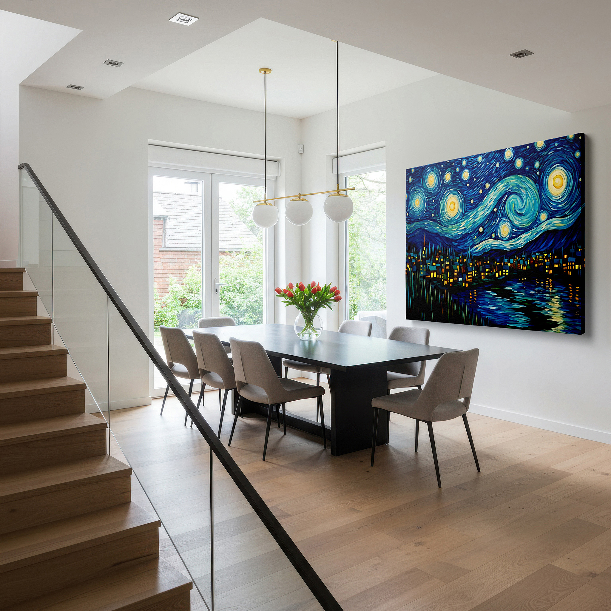 Bathed in morning sunlight streaming through sheer curtains — dreamy starlit glow over tranquil town, night sky reflection large canvas wall art, decor for office, bedroom, and living room