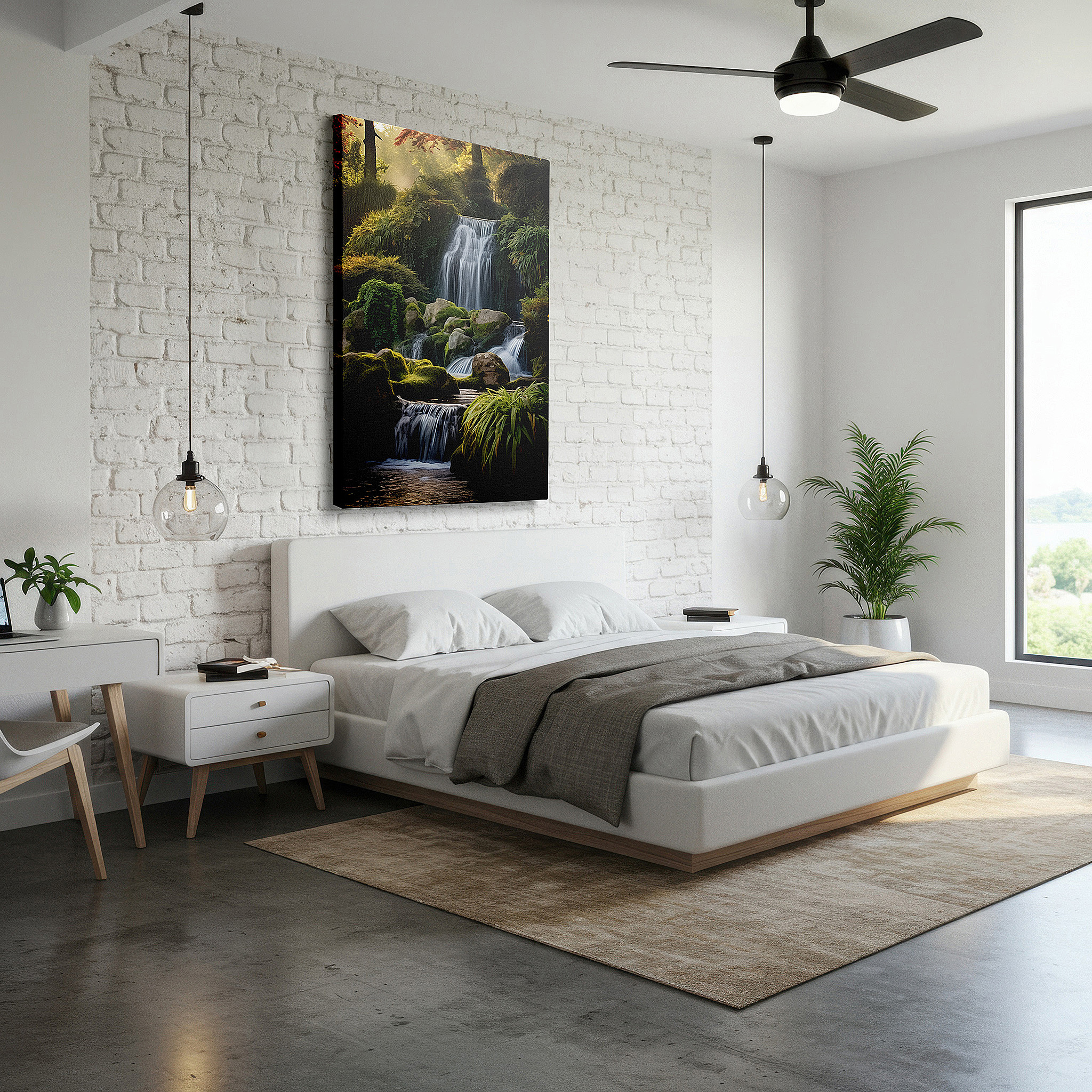 Bathed in morning sunlight streaming through sheer curtains — enchanted waterfall oasis wall art: large canvas featuring moss-covered rocks and tranquil pool, ideal for office and bedroom decor