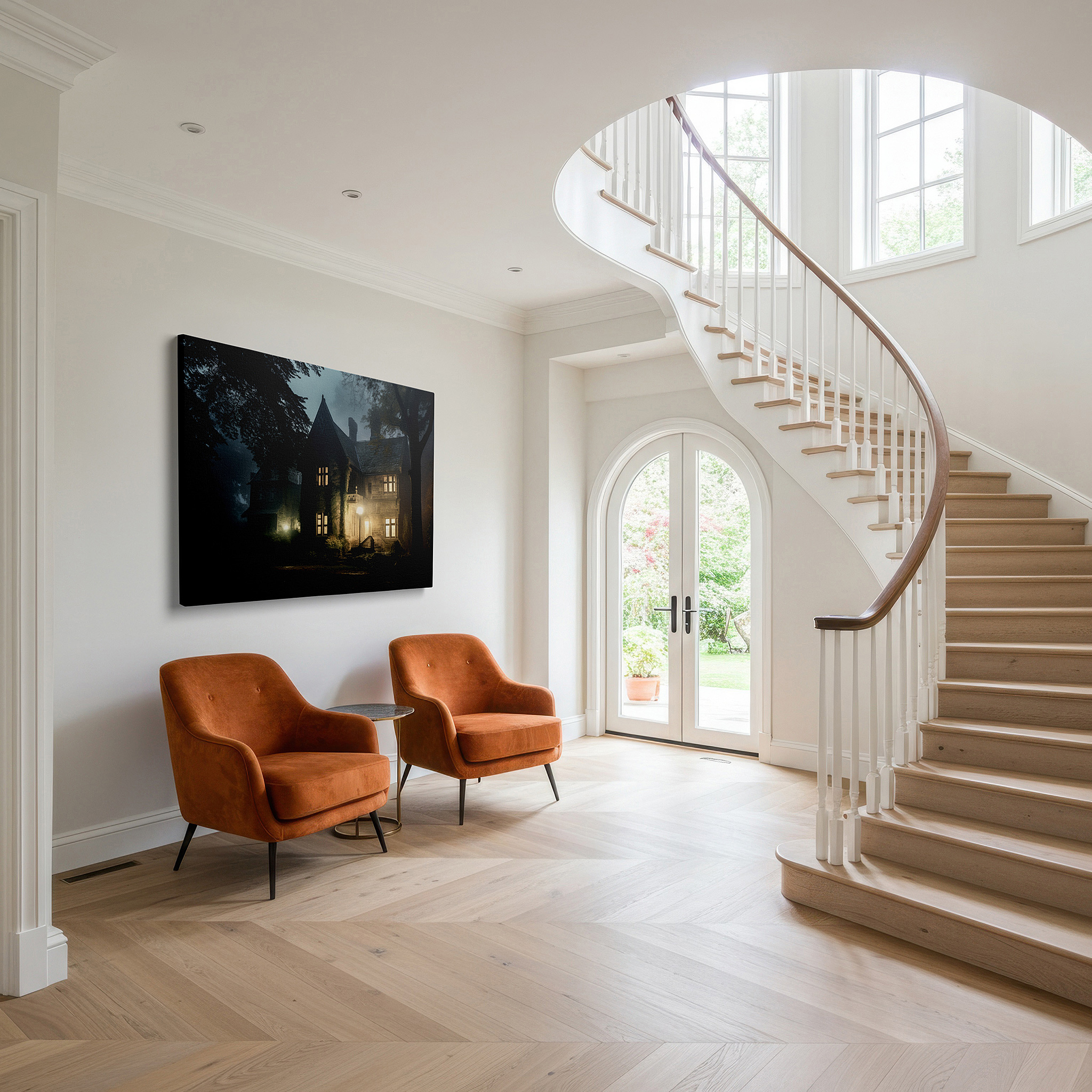 Bathed in morning sunlight streaming through sheer curtains — ethereal mist enshrouding a victorian mansion - mysterious and captivating large wall art, perfect for office, living room, or bedroom decor