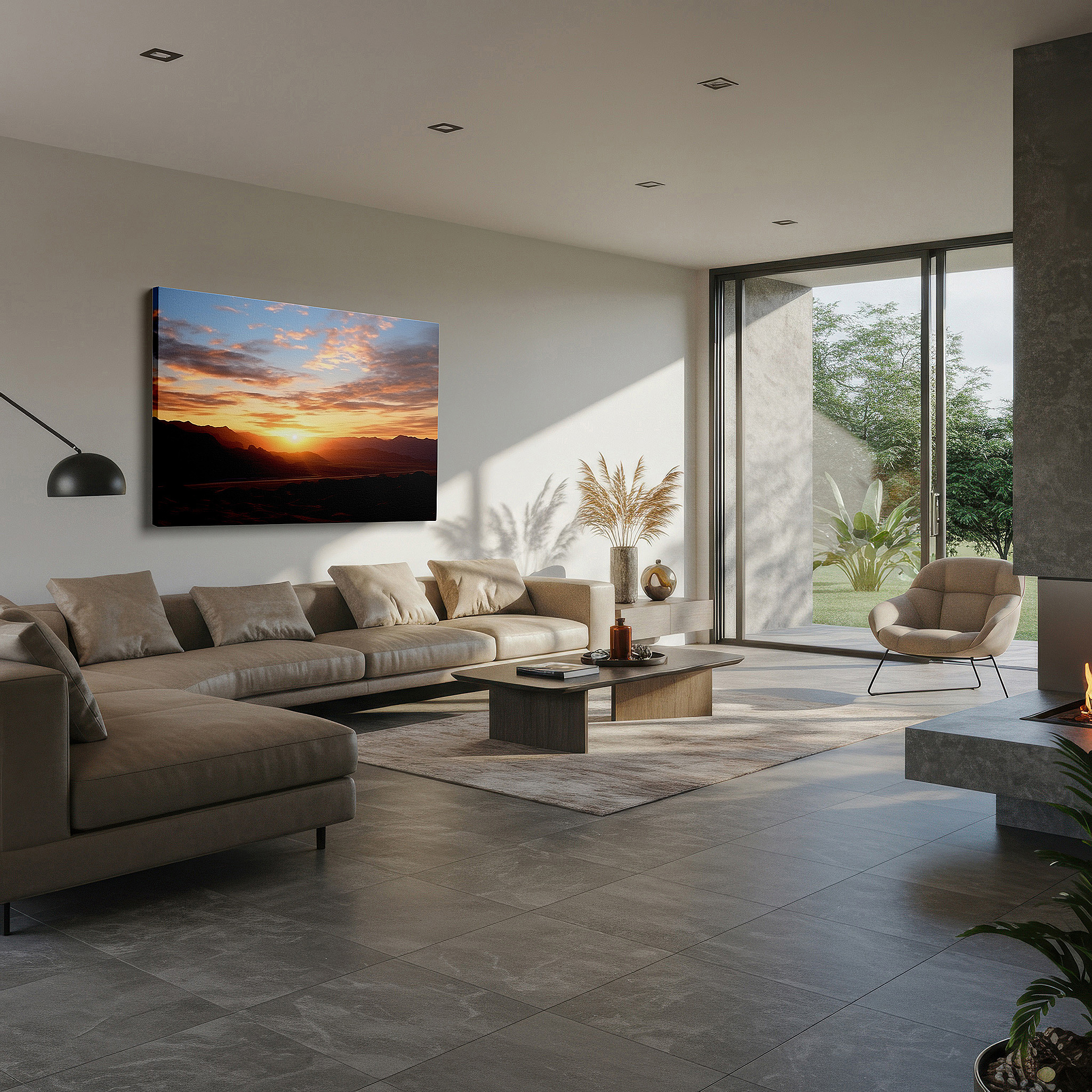 Bathed in morning sunlight streaming through sheer curtains — ethereal sunset over rugged desert landscape, dramatic light and shadow canvas wall art, large wall decor for office and bedroom