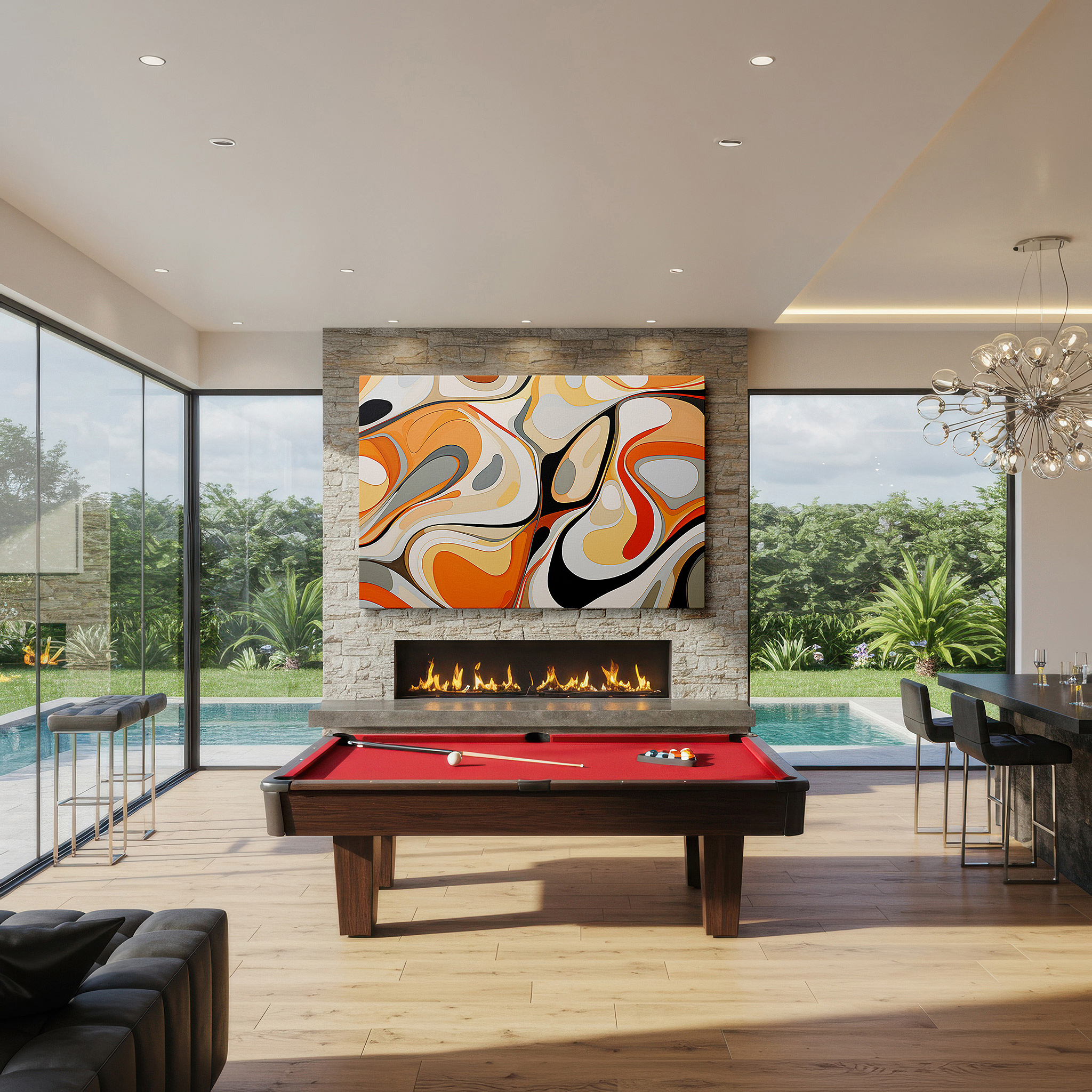 Bathed in morning sunlight streaming through sheer curtains — fluid organic shapes in warm orange and creamy white, featuring a symphony of curves and swirls, large wall art, canvas wall art, wall decor for office