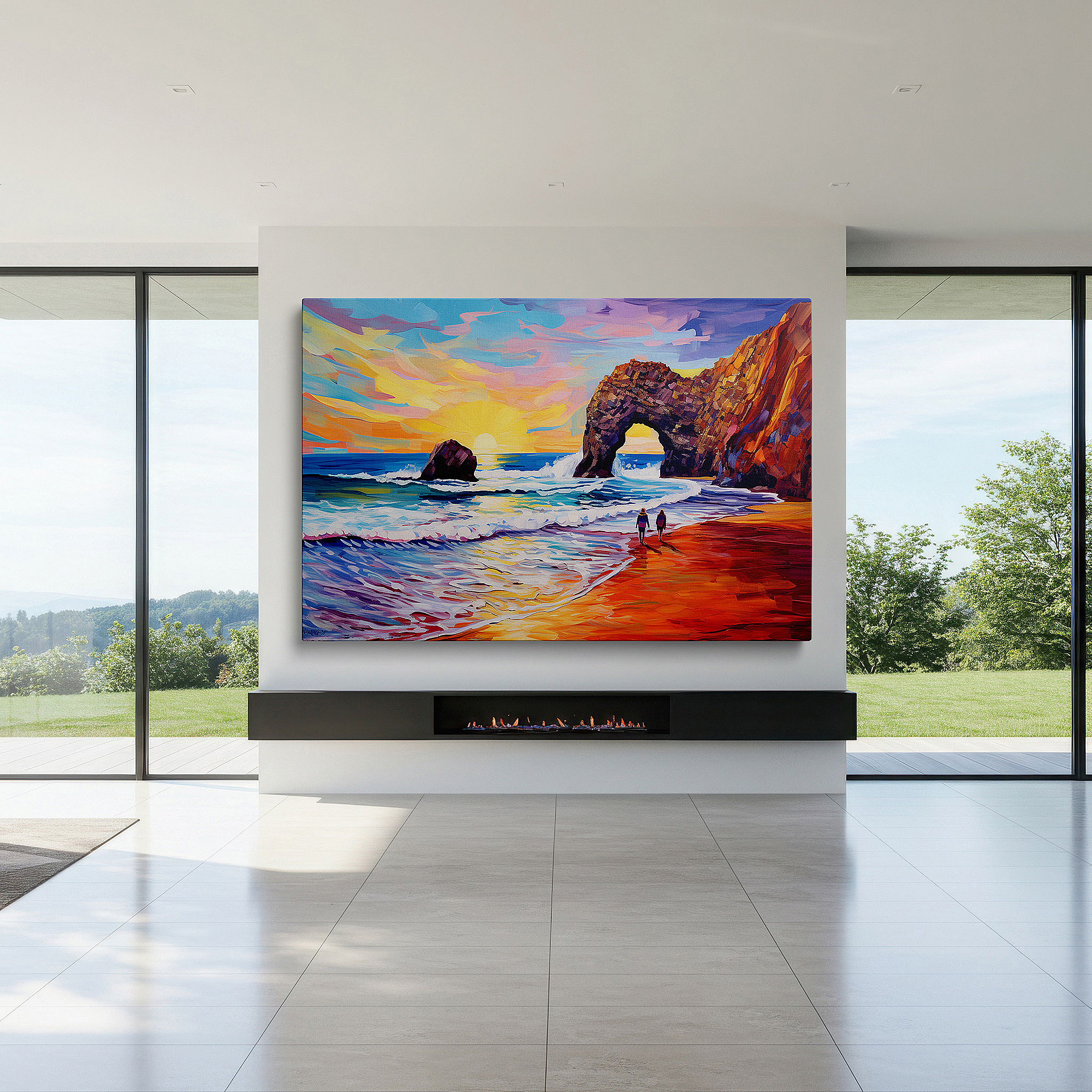 Bathed in morning sunlight streaming through sheer curtains — golden beach sunset canvas featuring figures walking together - ideal for large wall decor in offices and bedrooms