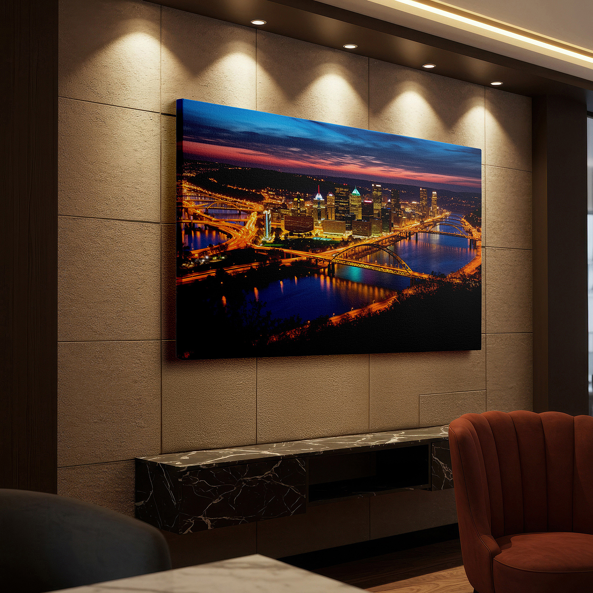 Bathed in morning sunlight streaming through sheer curtains — golden hour above pittsburgh skyline - a stunning fusion of natural and city beauty large wall art, canvas wall art, wall decor, office wall art
