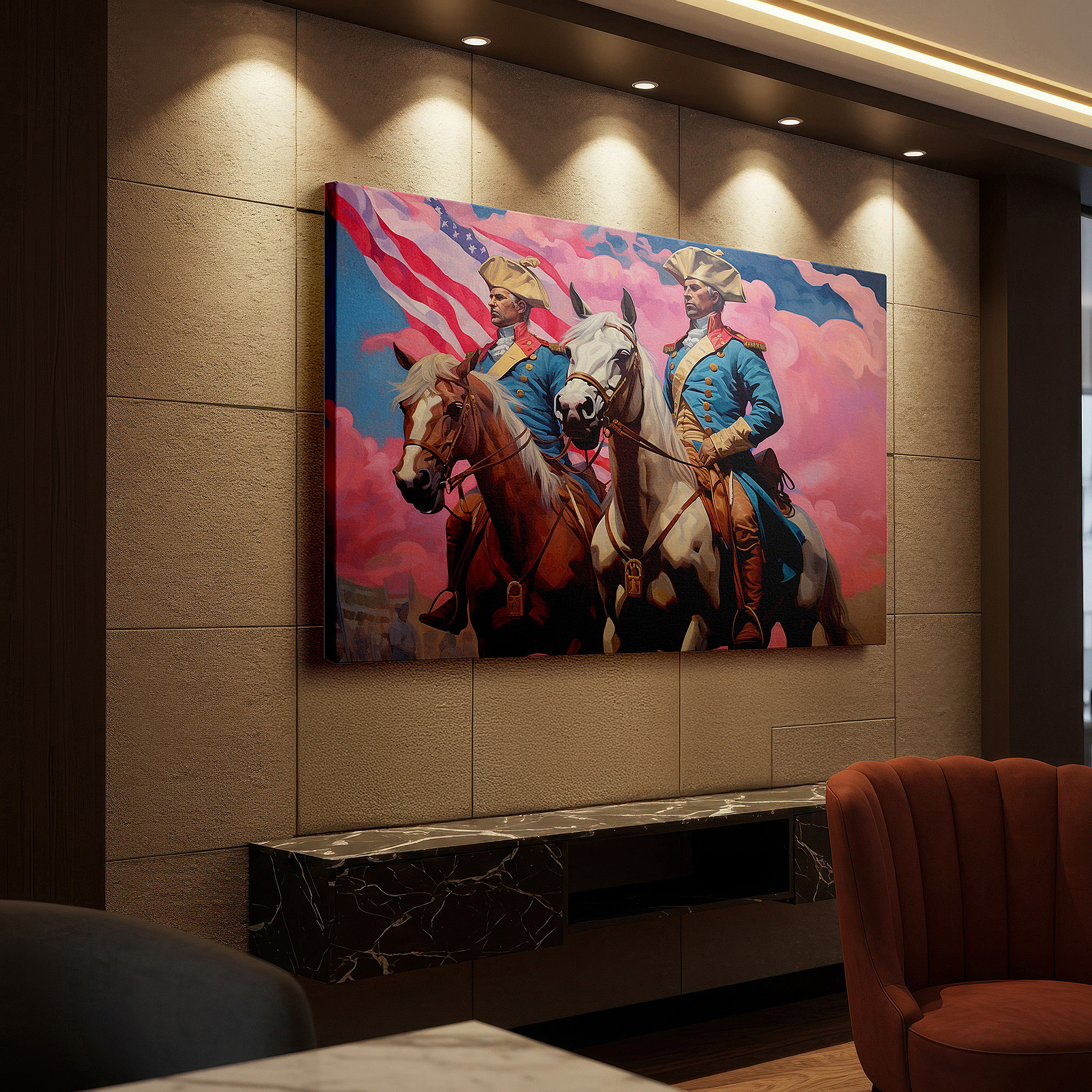 Bathed in morning sunlight streaming through sheer curtains — historical leaders on horseback at dawn: a representation of leadership and valor - large canvas wall art for office and bedroom decor