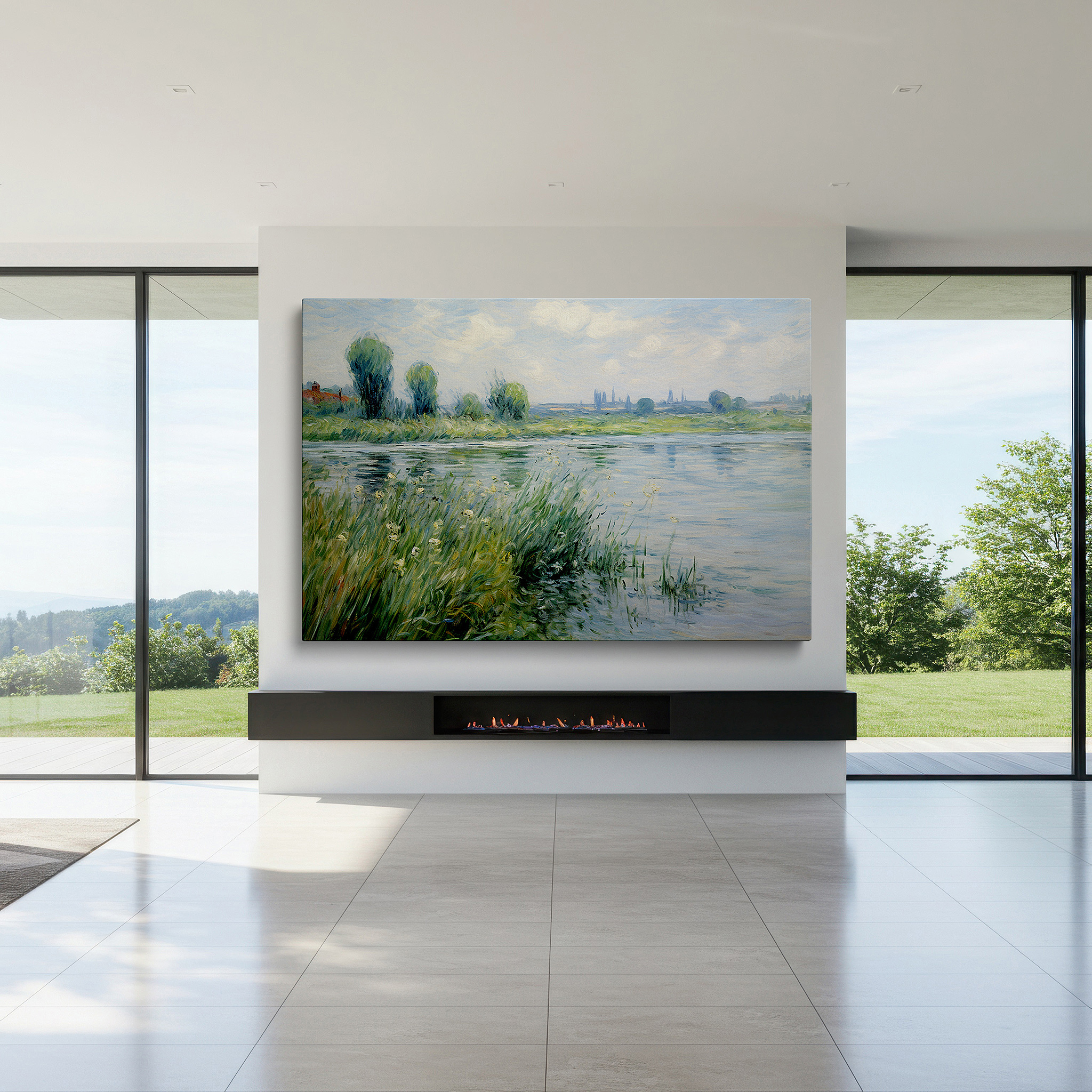 Bathed in morning sunlight streaming through sheer curtains — idyllic countryside serenity and timeless rural charm beneath an expansive blue sky large wall art, canvas wall art, wall decor, office wall art
