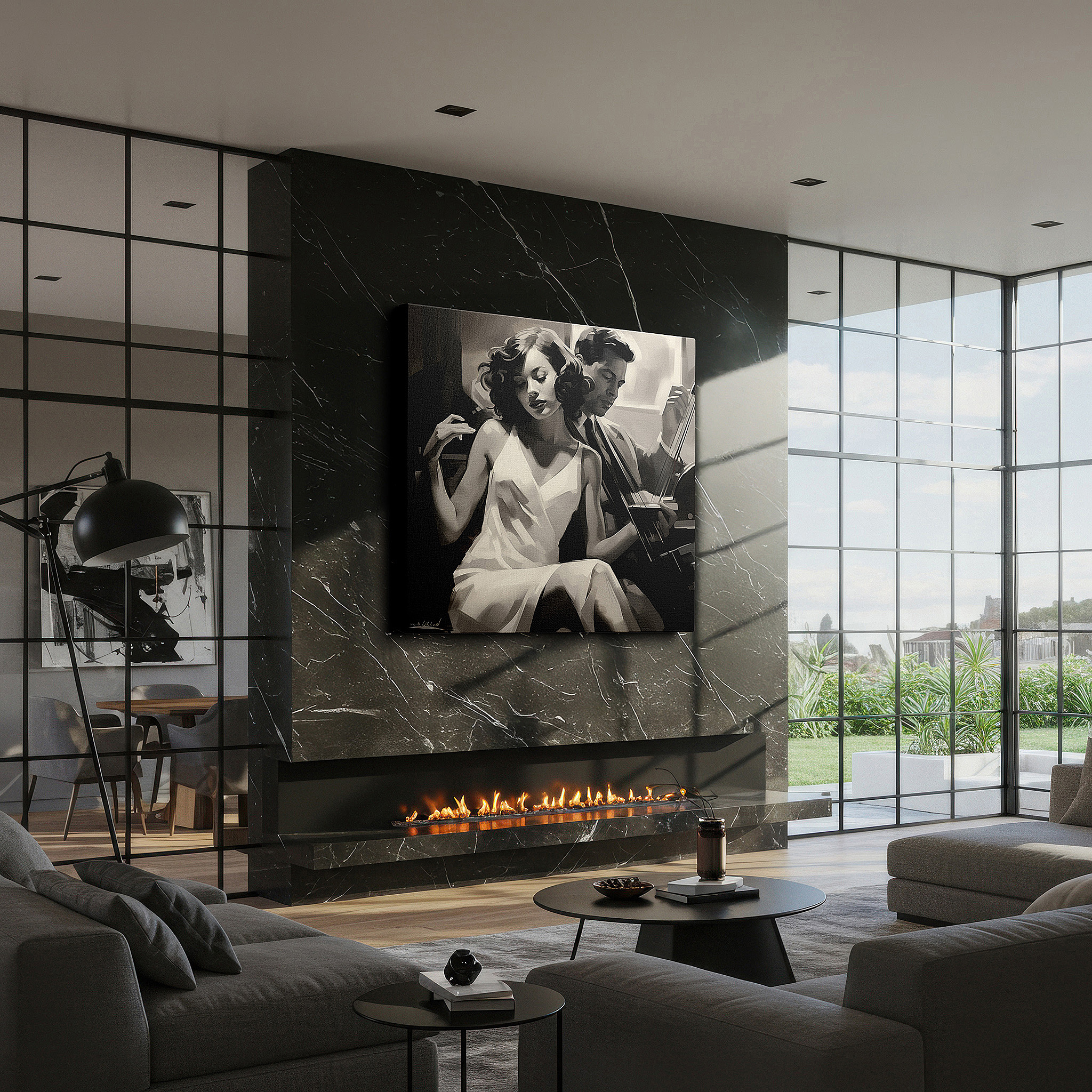 Bathed in morning sunlight streaming through sheer curtains — jazz club-themed timeless musical romance large wall art for office, bedroom, and living room decor