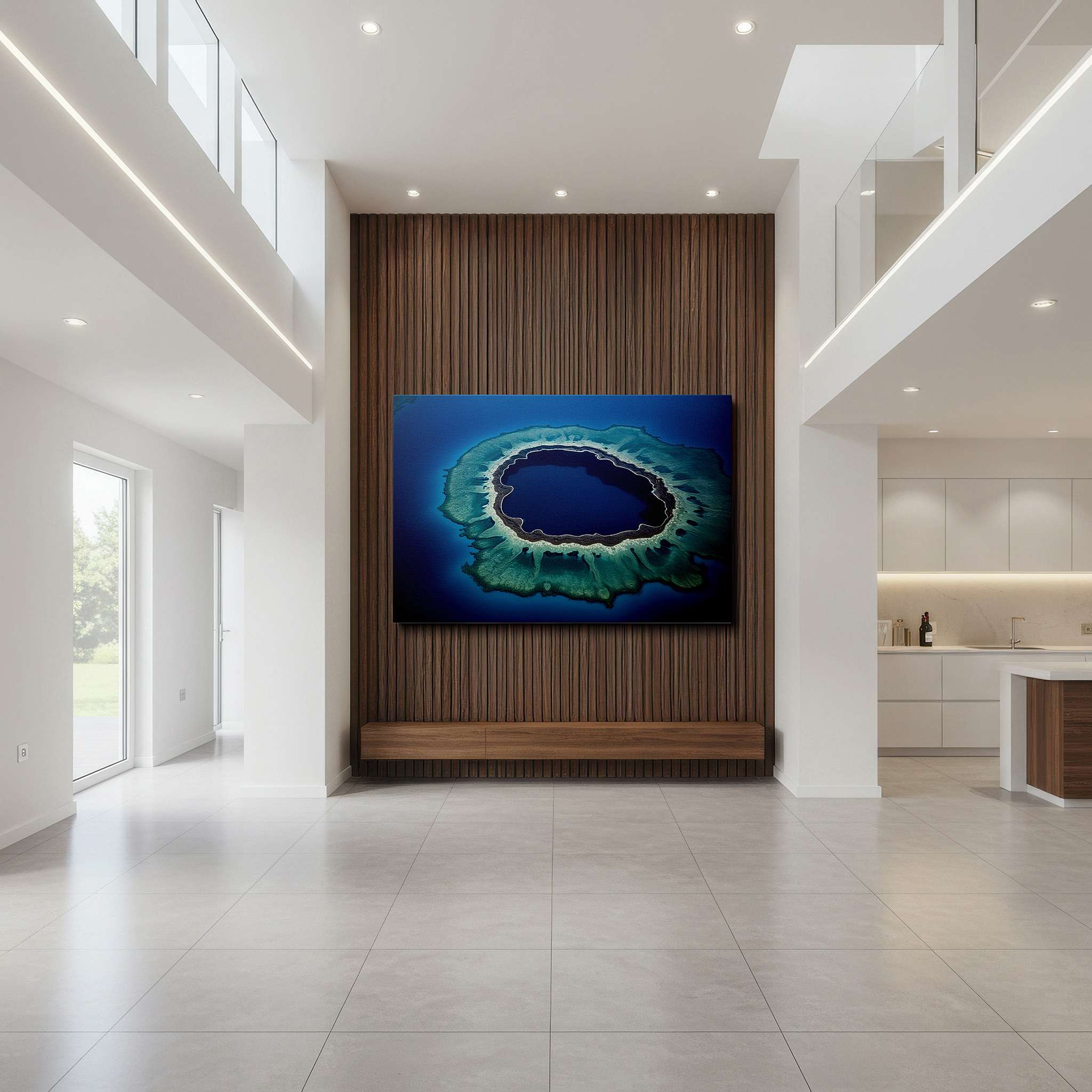 Bathed in morning sunlight streaming through sheer curtains — lagoon aerial view: serene harmony of vivid coral, large canvas wall art for office decor