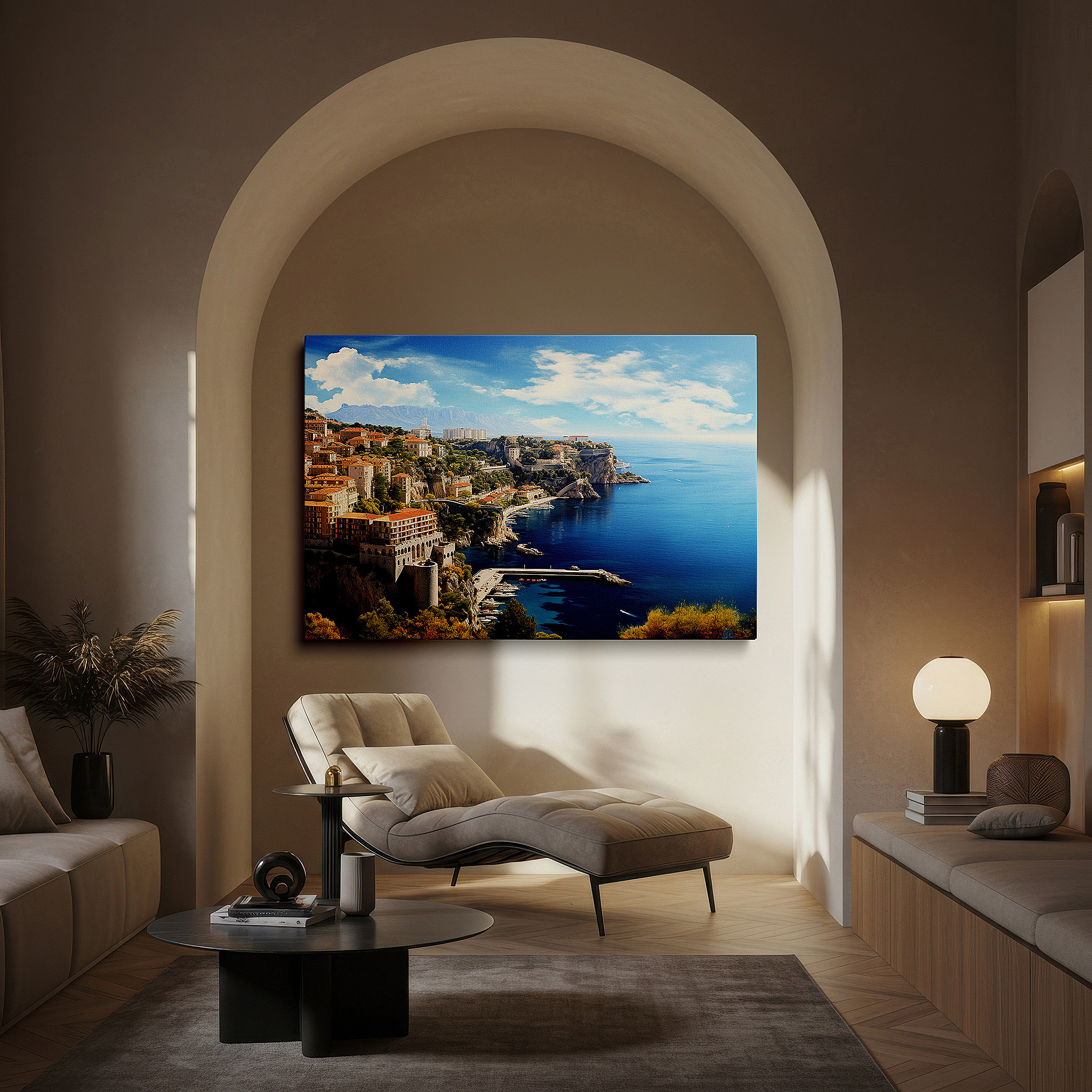 Bathed in morning sunlight streaming through sheer curtains — luxurious coastal elegance meets wild nature in a cliffside mediterranean vista: large wall art, canvas wall art, wall decor for office