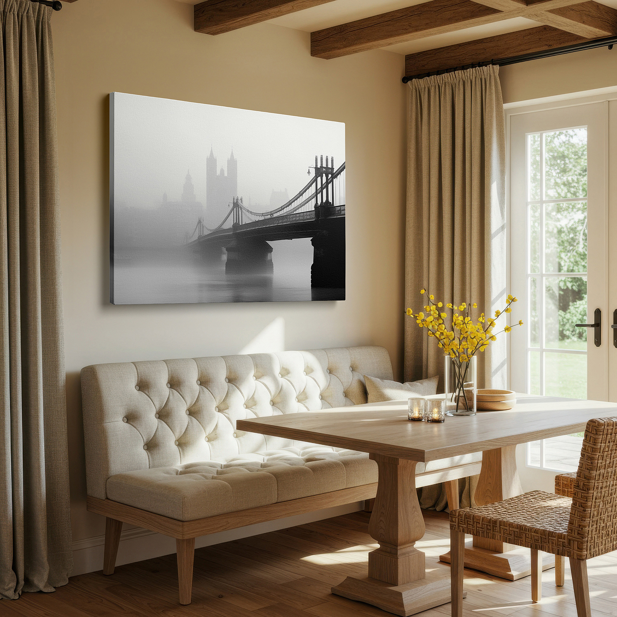 Bathed in morning sunlight streaming through sheer curtains — majestic bridge in mist - monochrome urban silhouette large wall art, canvas wall art, wall decor for office, bedroom, and living room