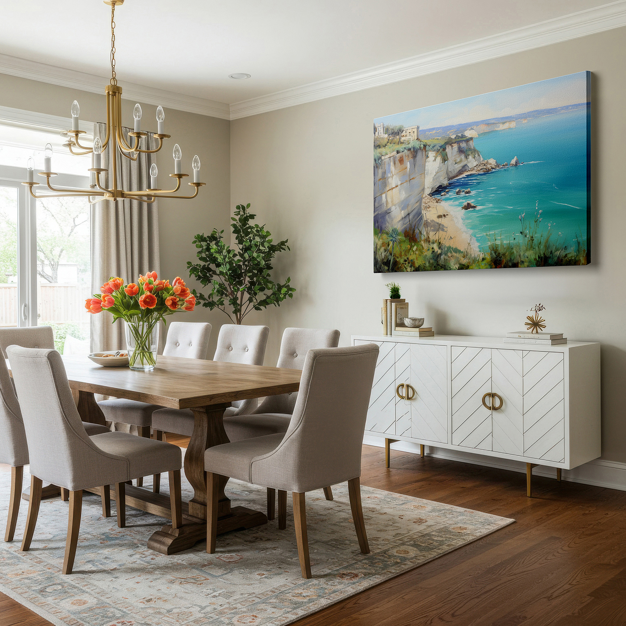 Bathed in morning sunlight streaming through sheer curtains — majestic cliffs and crystalline waters: a serene coastal escape - large wall art, canvas wall art, wall decor for office and bedroom