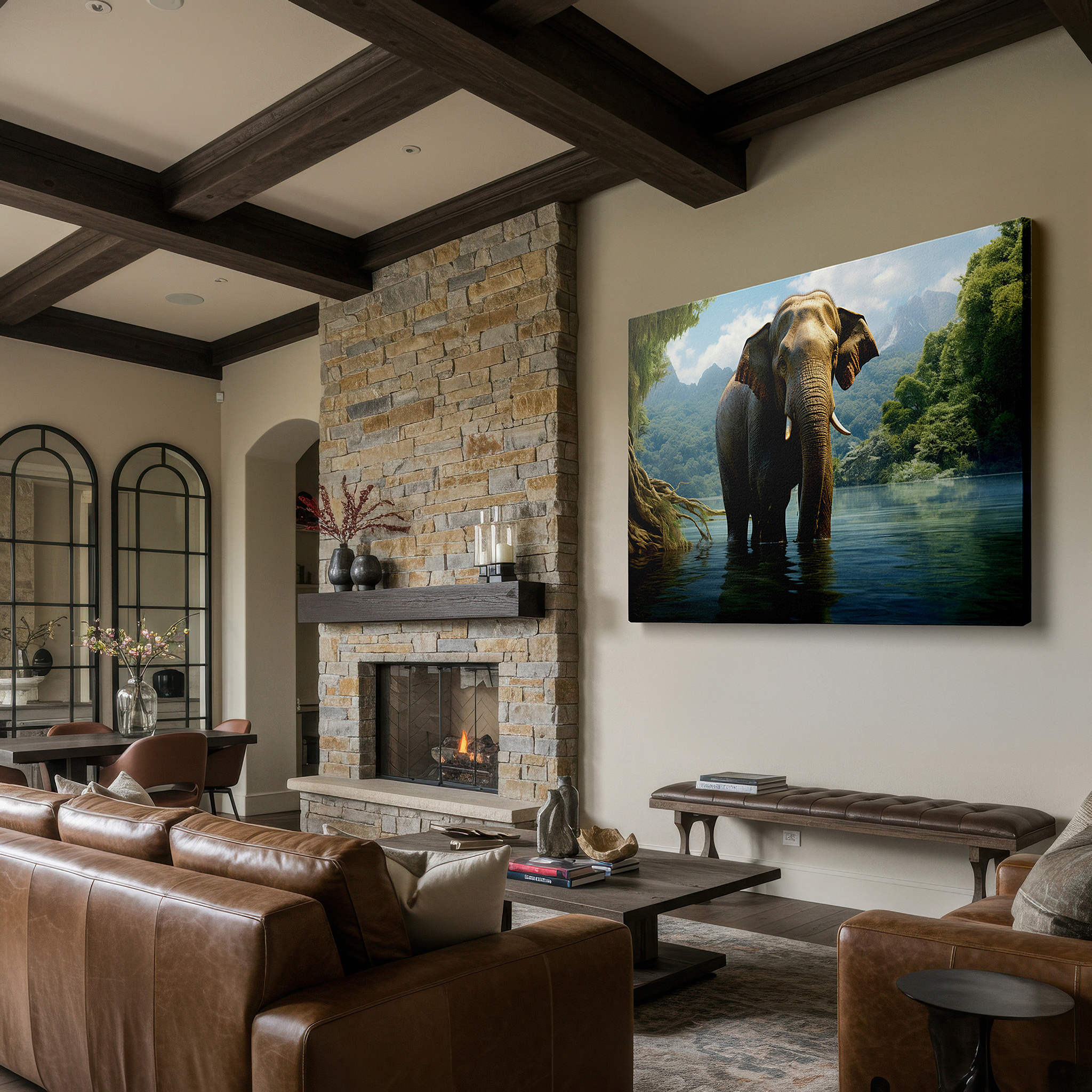 Bathed in morning sunlight streaming through sheer curtains — majestic elephant in shallow waters amidst lush greenery at dawn - large canvas wall art for office and bedroom decor