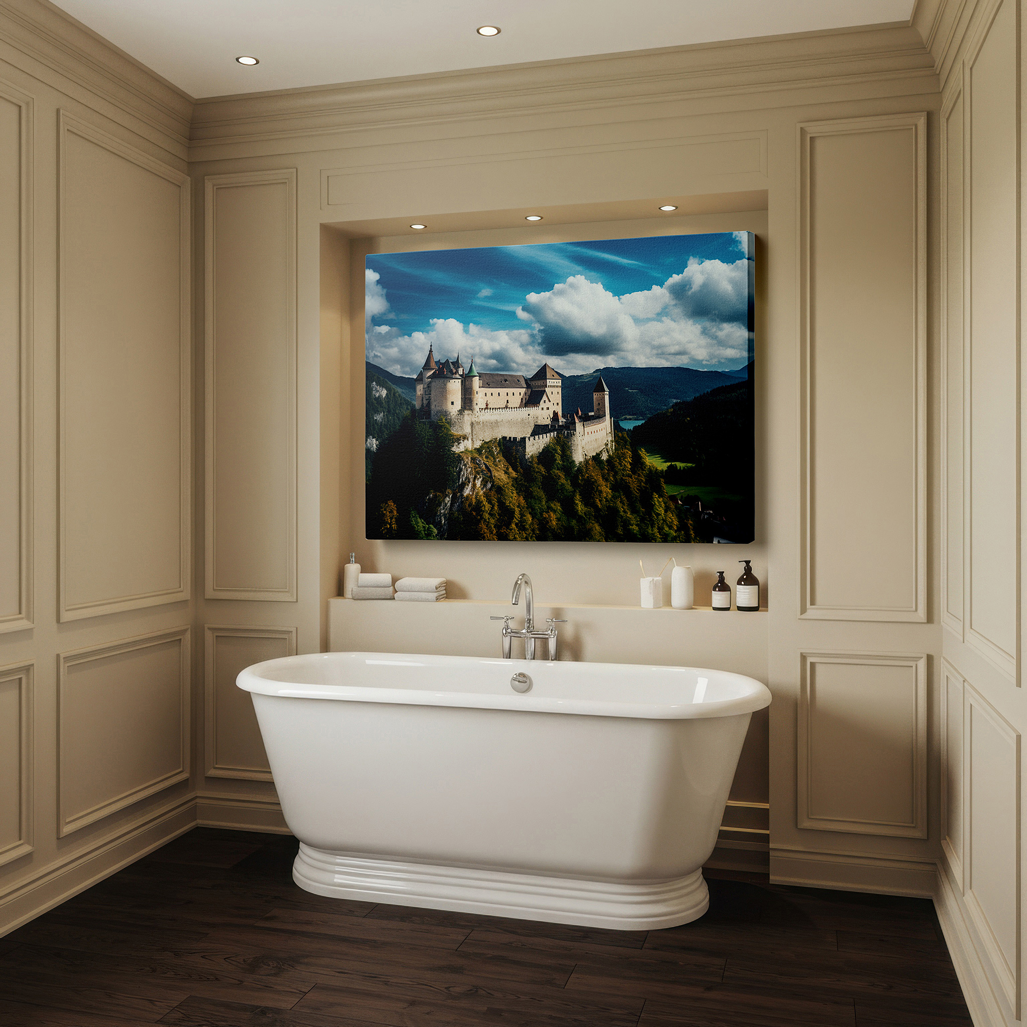 Bathed in morning sunlight streaming through sheer curtains — majestic fortress castle surrounded by rugged mountains: a symbol of timeless strength and architectural excellence - large wall art, canvas wall art, wall decor
