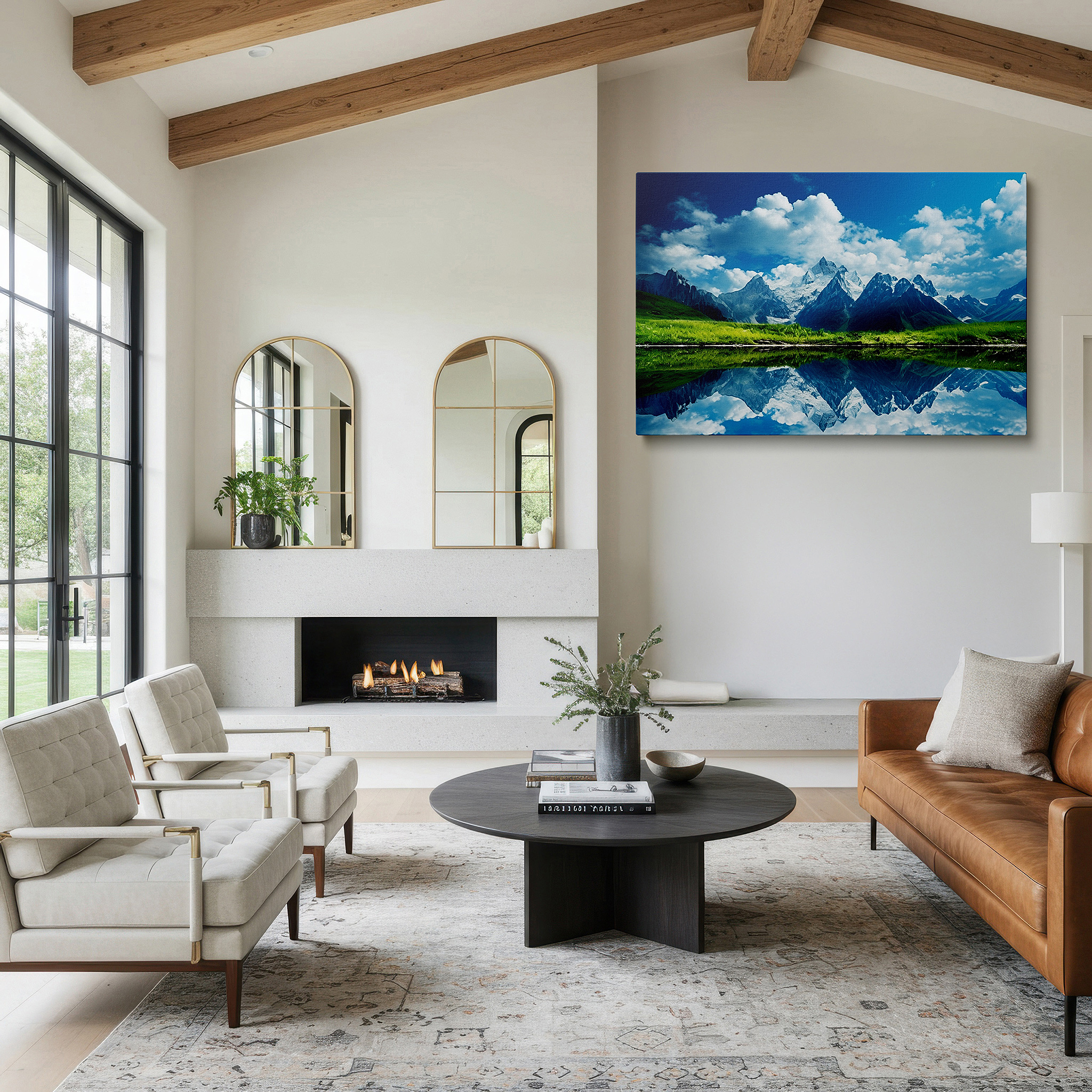 Bathed in morning sunlight streaming through sheer curtains — majestic mountains and serene lake - tranquil wilderness reflection large wall art, canvas wall art, wall decor for office and bedroom