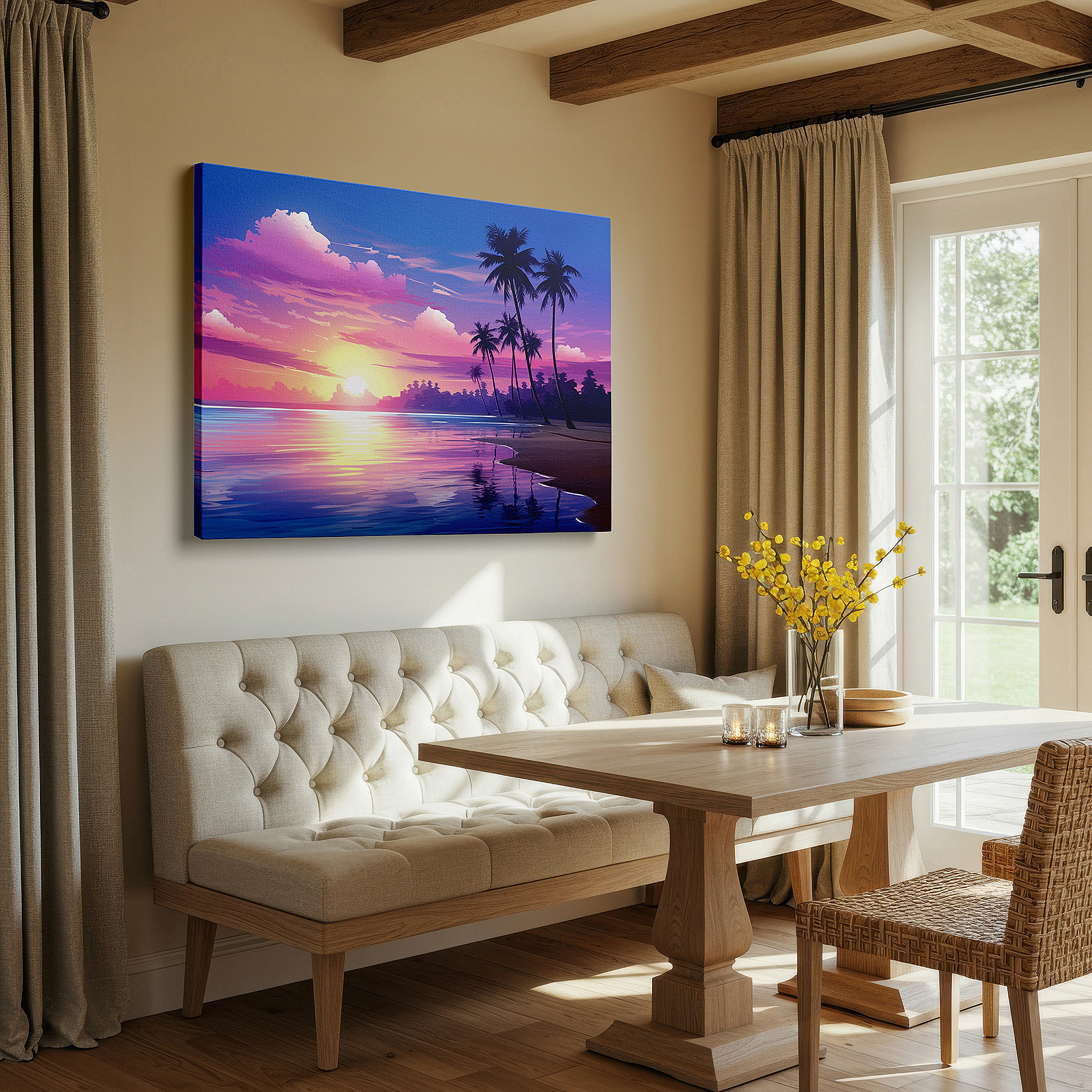 Bathed in morning sunlight streaming through sheer curtains — majestic palm silhouettes against a vibrant sunset sky, serene beach paradise large wall art, canvas wall art, wall decor for office and bedroom