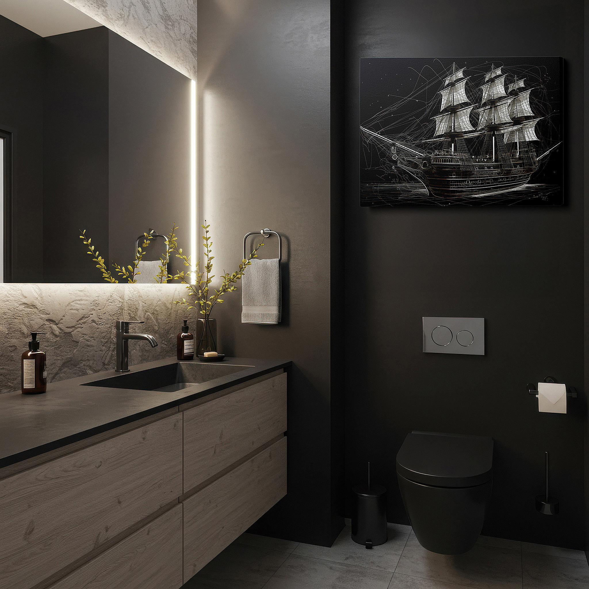 Bathed in morning sunlight streaming through sheer curtains — maritime masterpiece wall art: wireframe ship design showcasing architectural elegance - ideal for office, bedroom, and home decor