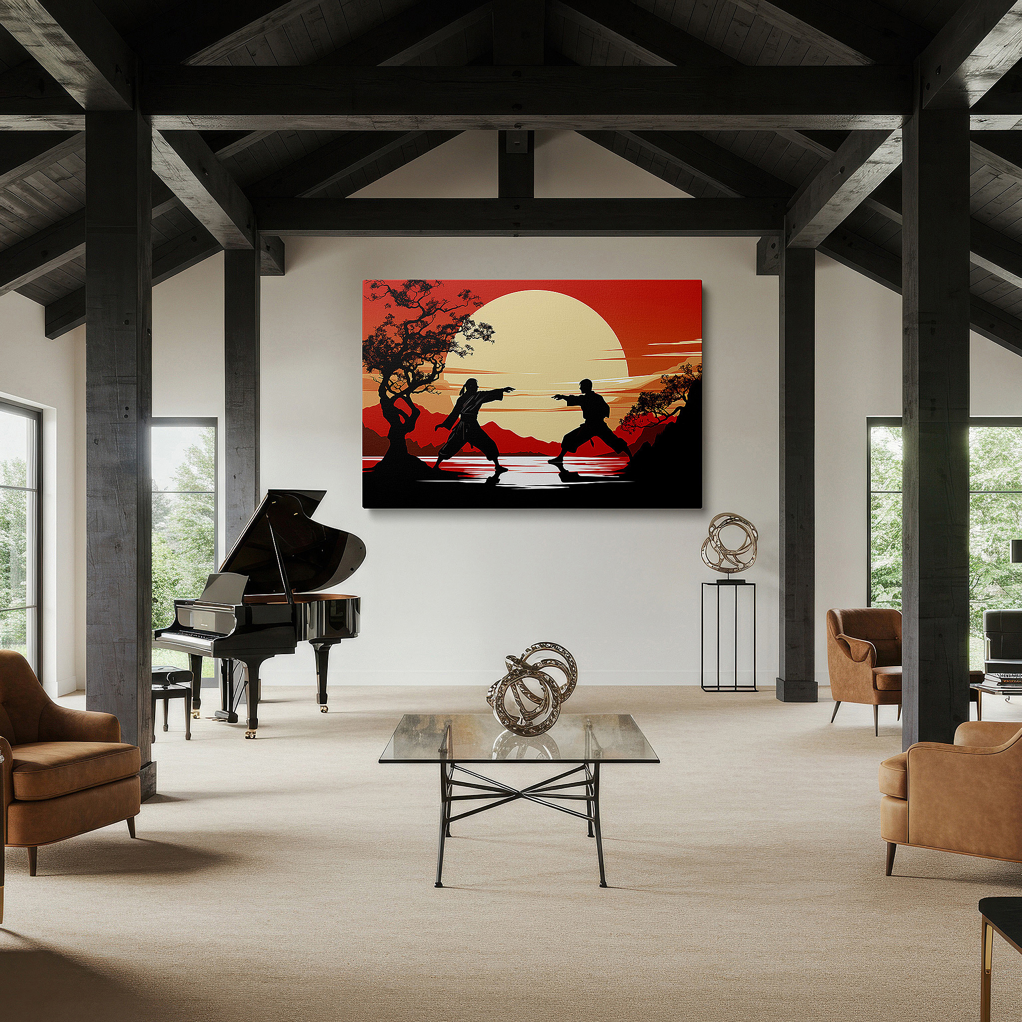 Bathed in morning sunlight streaming through sheer curtains — martial artists dueling at sunset - large canvas wall art, office decor
