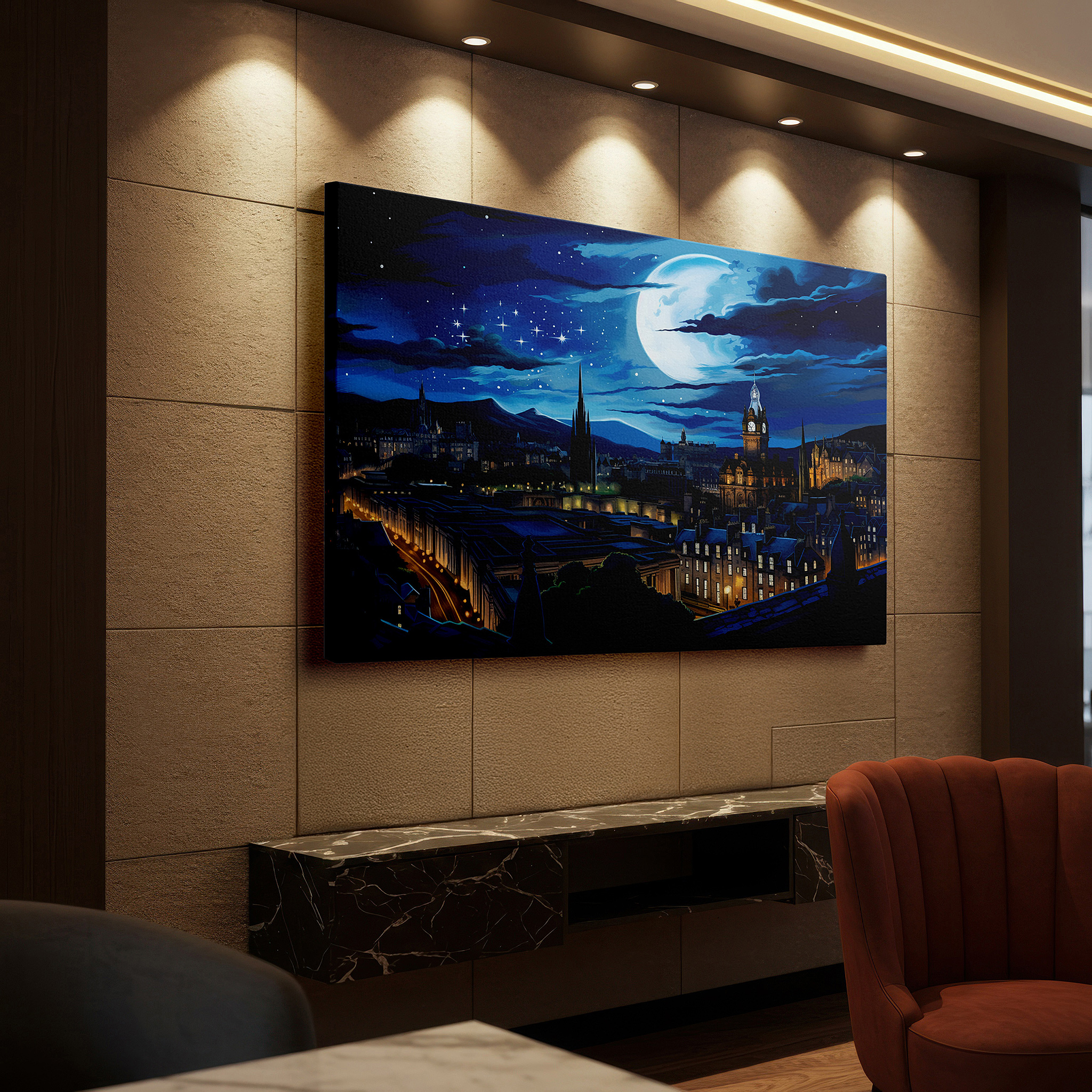 Bathed in morning sunlight streaming through sheer curtains — moonlit majesty above edinburgh's historic skyline: a nighttime tapestry of gothic spires and neoclassical grandeur - large canvas wall art