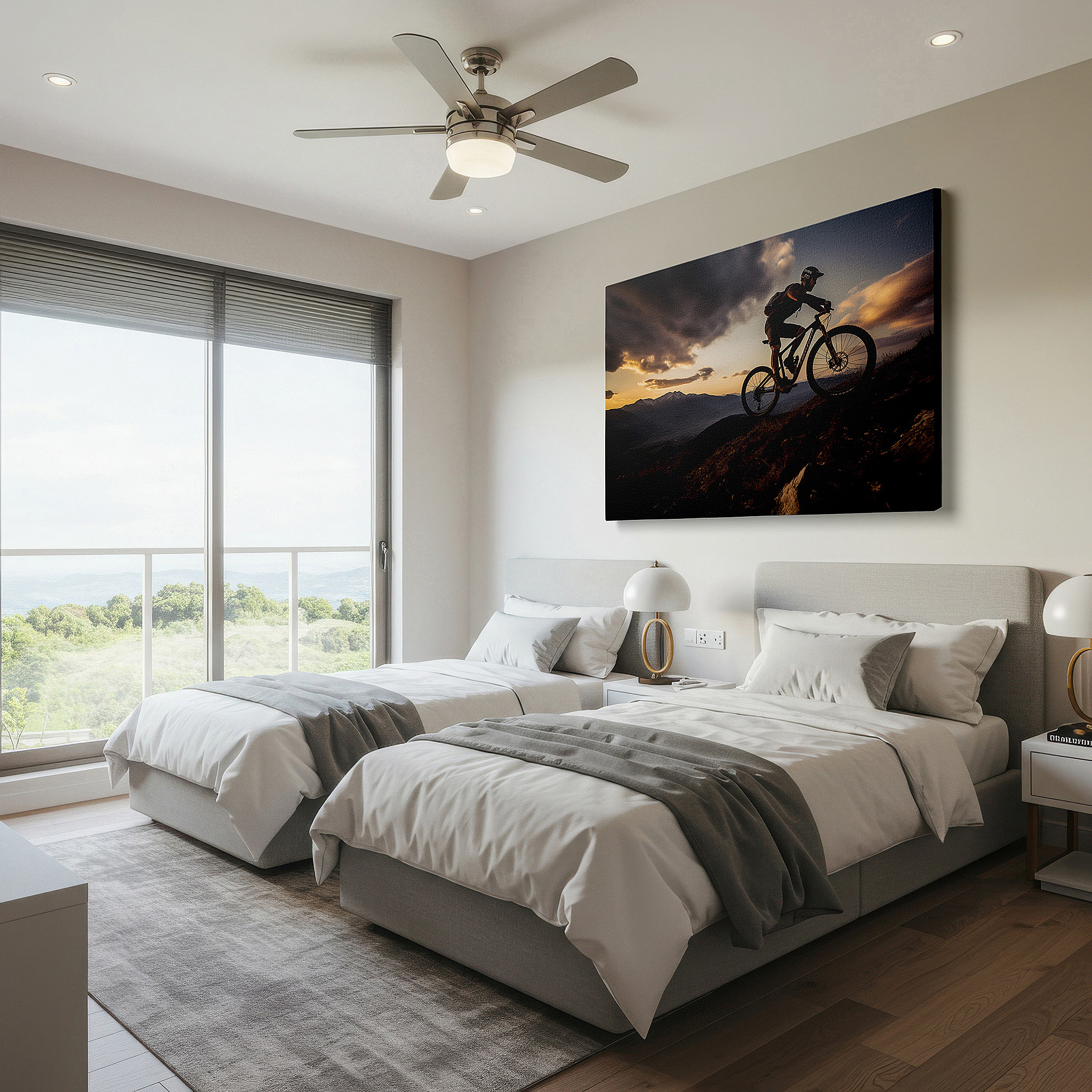 Bathed in morning sunlight streaming through sheer curtains — mountain biker against sunset glow: celebrating outdoor thrills and challenges - large canvas wall art for home and office decor