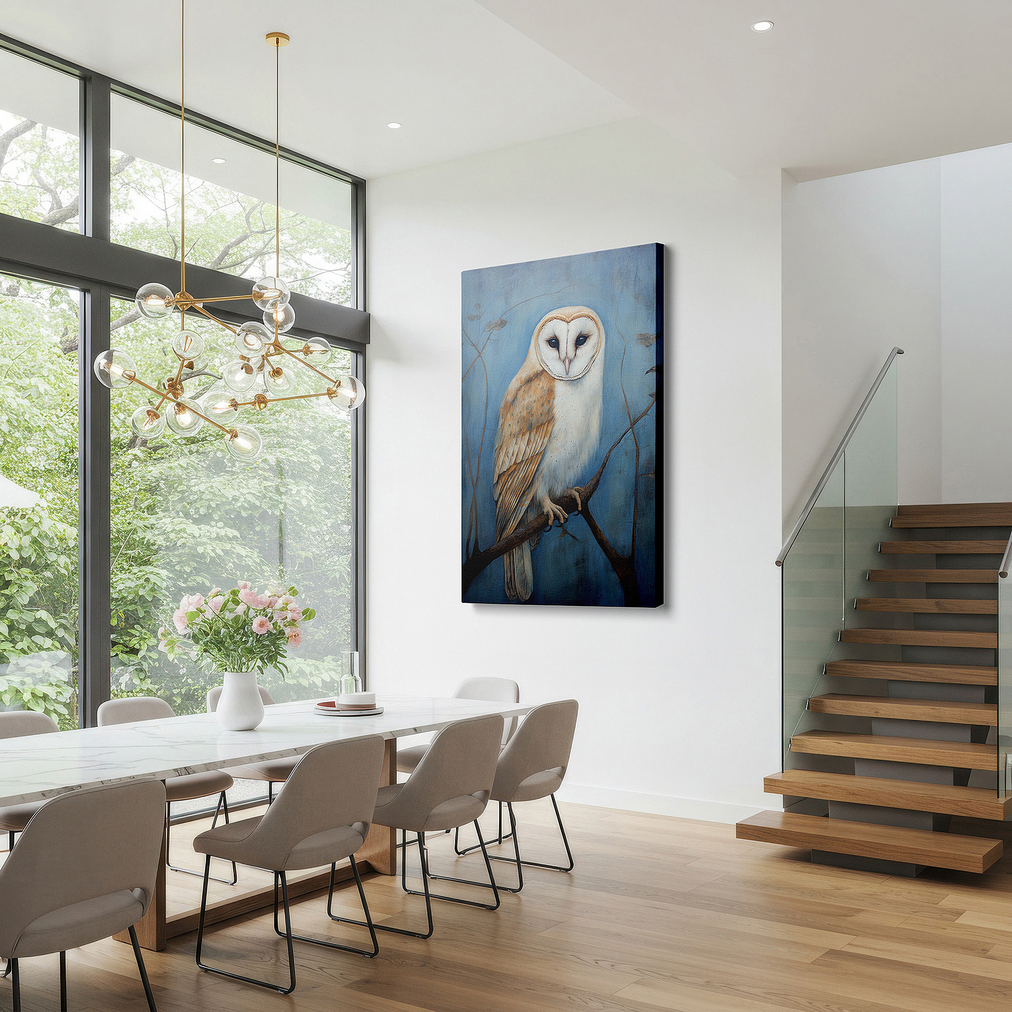 Bathed in morning sunlight streaming through sheer curtains — mysterious owl sitting on a branch, emblematic of nature's serenity and wisdom, oversized wall art, canvas wall art, wall decor for office