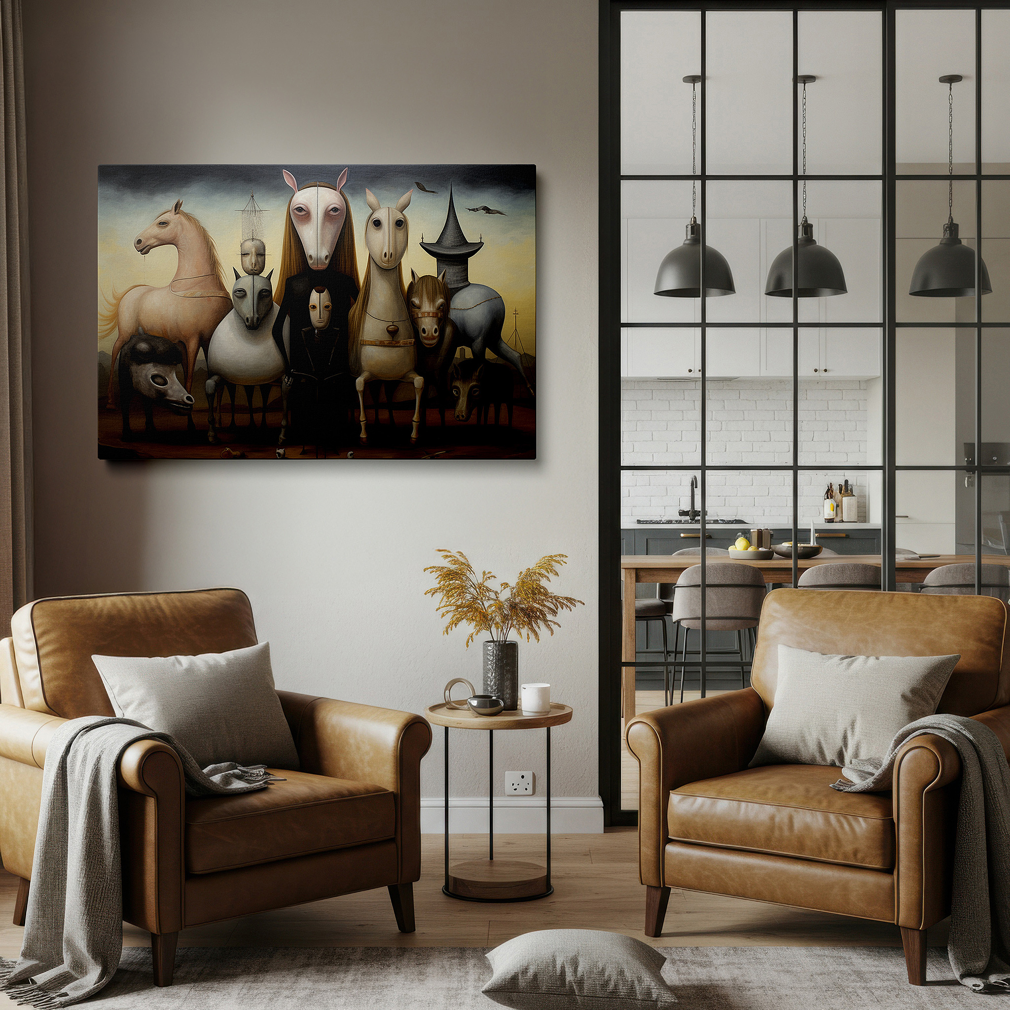 Bathed in morning sunlight streaming through sheer curtains — mystical dance of wisdom and mystery featuring stylized horses and enigmatic figure, large canvas wall art for office and bedroom decor