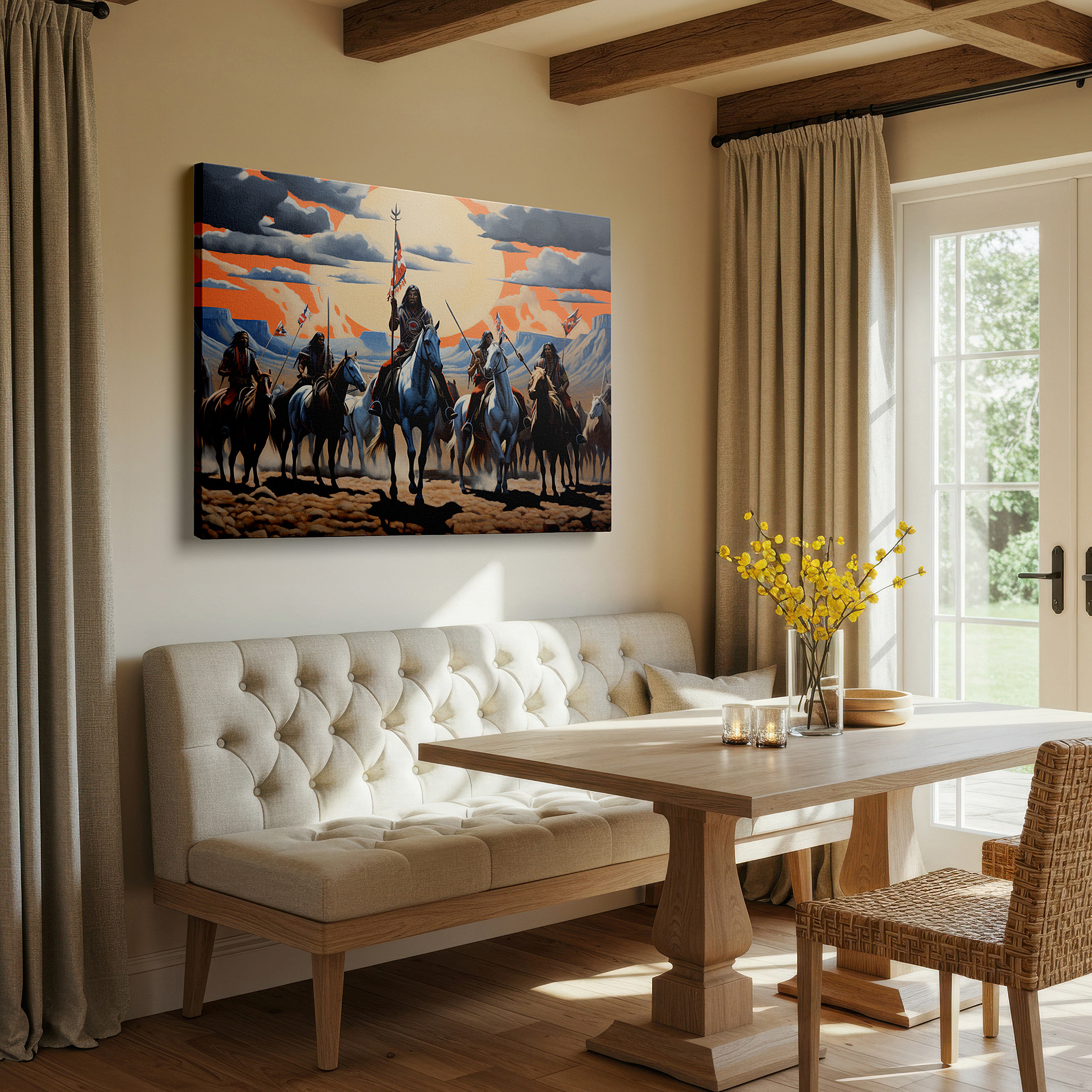 Bathed in morning sunlight streaming through sheer curtains — native american warriors riding horses at sunset, representing strength and unity, large canvas wall art for home and office decor