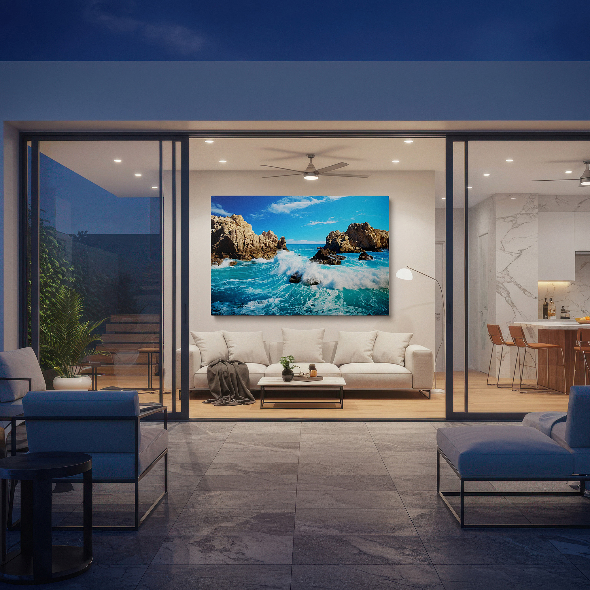 Bathed in morning sunlight streaming through sheer curtains — ocean's fury and stoic rocks: a stunning exhibition of nature's strength and elegance - large wall art, canvas wall art, wall decor for office and bedroom